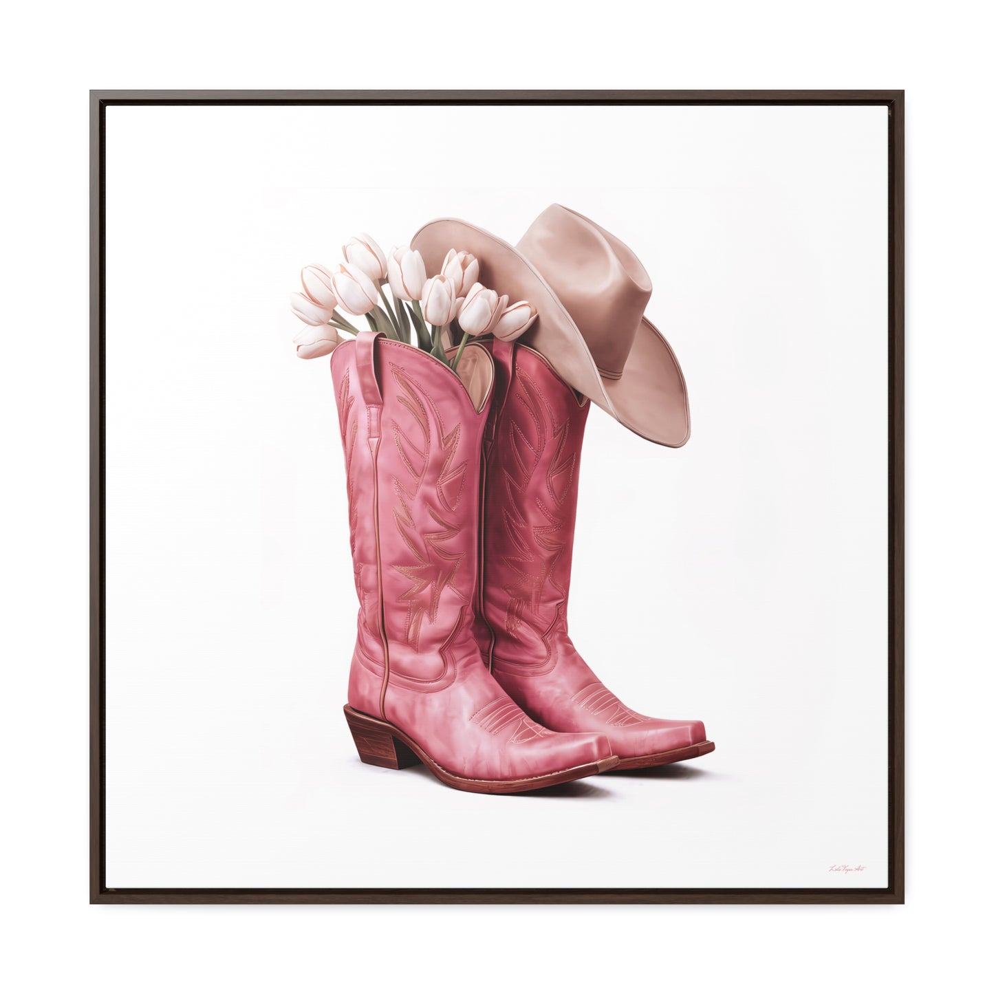 Cowgirl Pink Cowboy Boots White Tulips Square Canvas Wall Art, Southwestern Home Decor, Western Cowgirl Gift, Pink Floral Wall Decor, Square - LOLA VEGAS ART