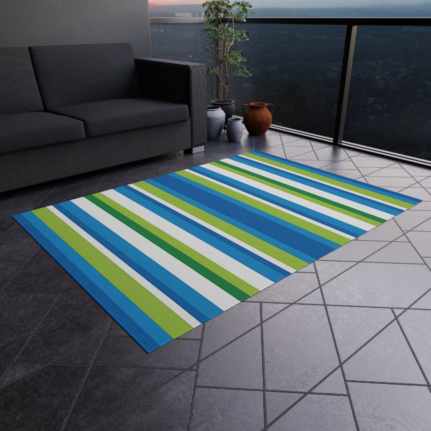 Blue Green Striped Outdoor/Indoor Rug | Patio Mat