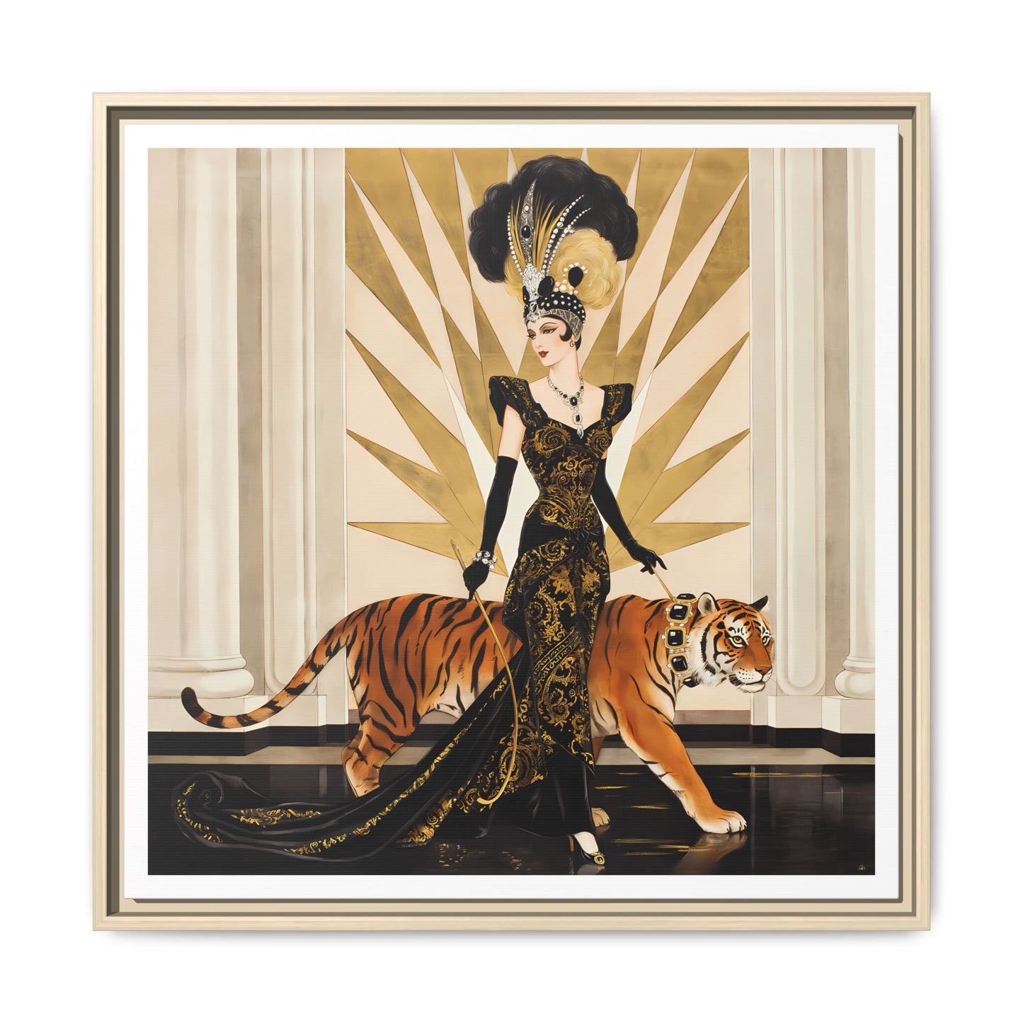 Art Deco Showgirl with Tiger Matte Canvas Framed Print