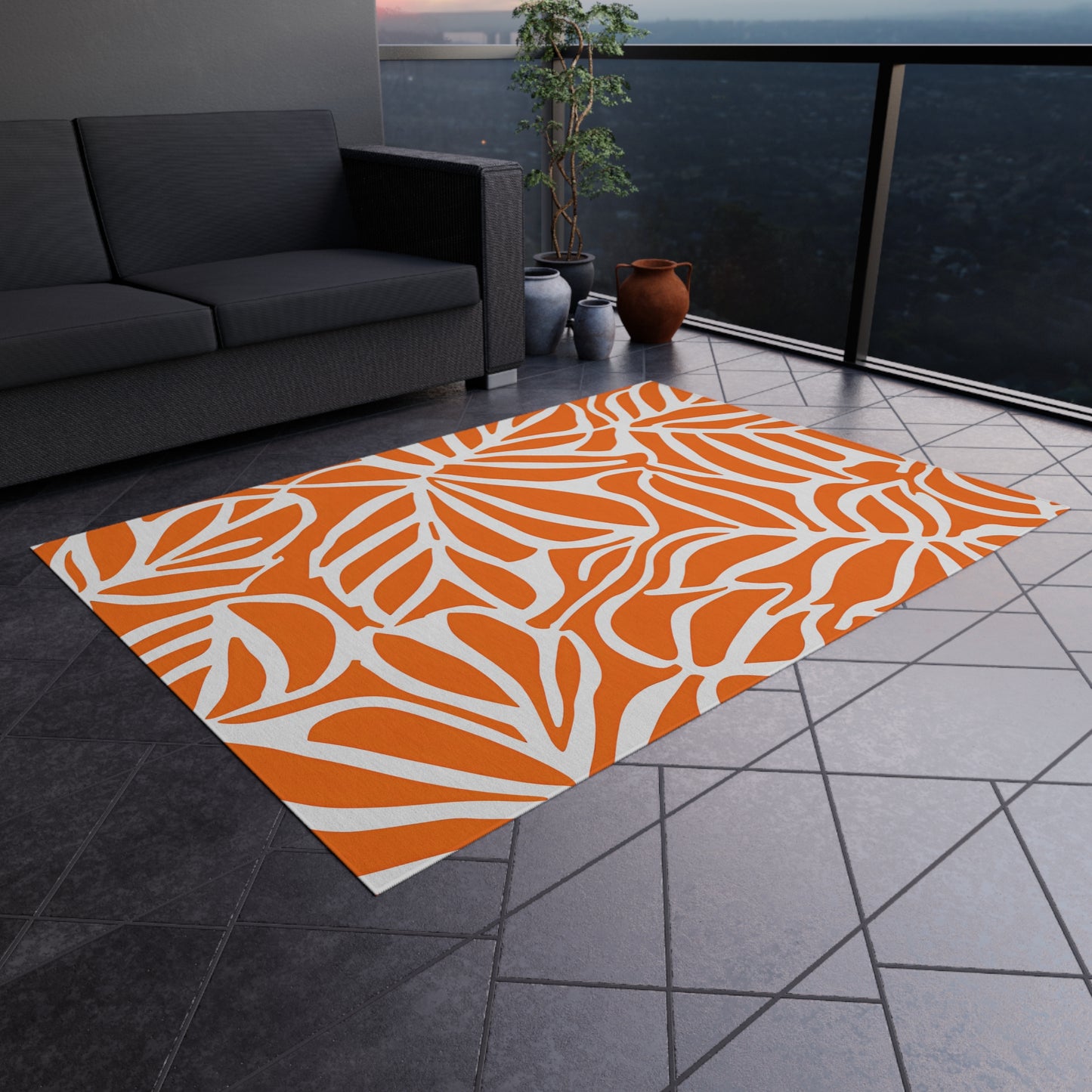 Tropical Leaf Pattern Outdoor/Indoor Rug | Orange White