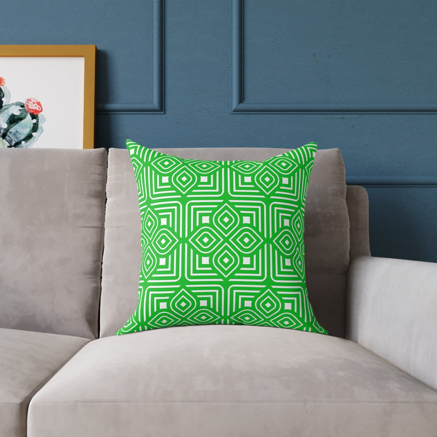 Geometric Diamond Tile Square Pillow | Green White Pattern Throw Pillow