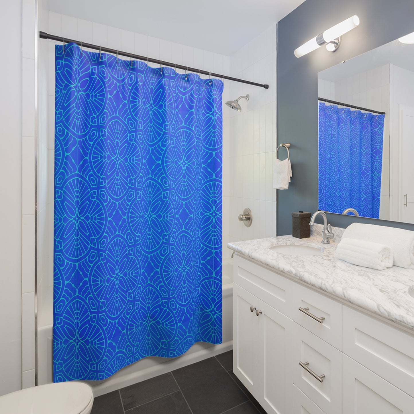 Blue Geometric Mandala Shower Curtain | Mediterranean Pattern Vibrant Bathroom Accessory