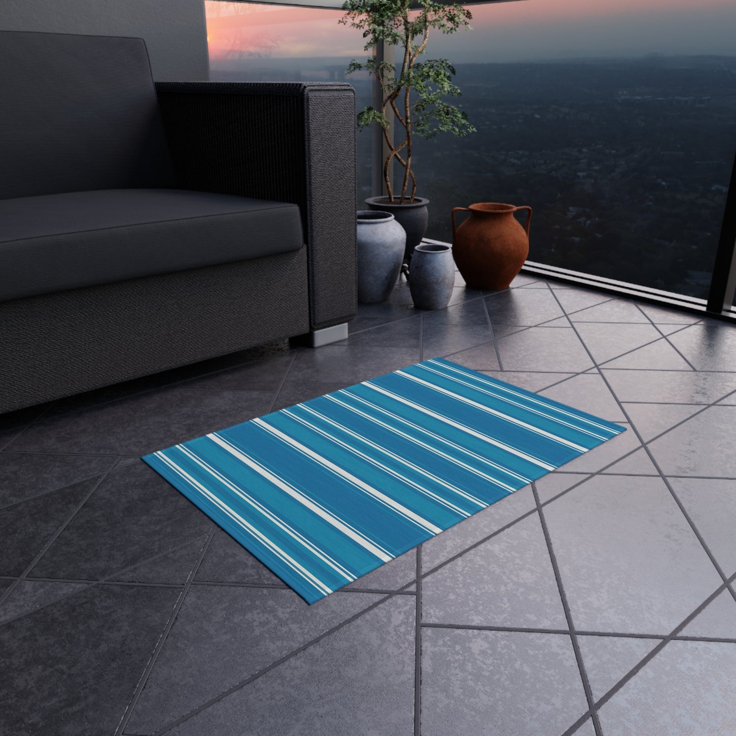 Blue Stripe Outdoor/Indoor Rug | Patio Mat, Coastal Striped Porch Rug