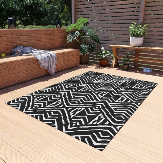 Black and White Stylish African Mudcloth pattern Outdoor/Indoor Rug for Patio, Deck, Camping, Boho Decor, Modern Design, Anti-Slip Area Mat - LOLA VEGAS ART
