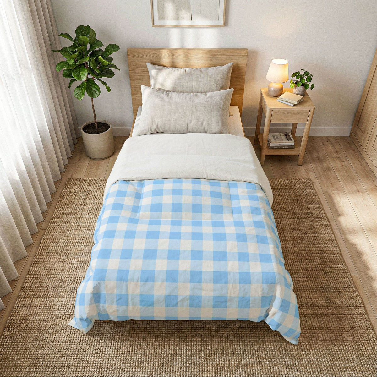 Blue White Gingham Plaid Cotton Comforter | Light Buffalo Check Bedding