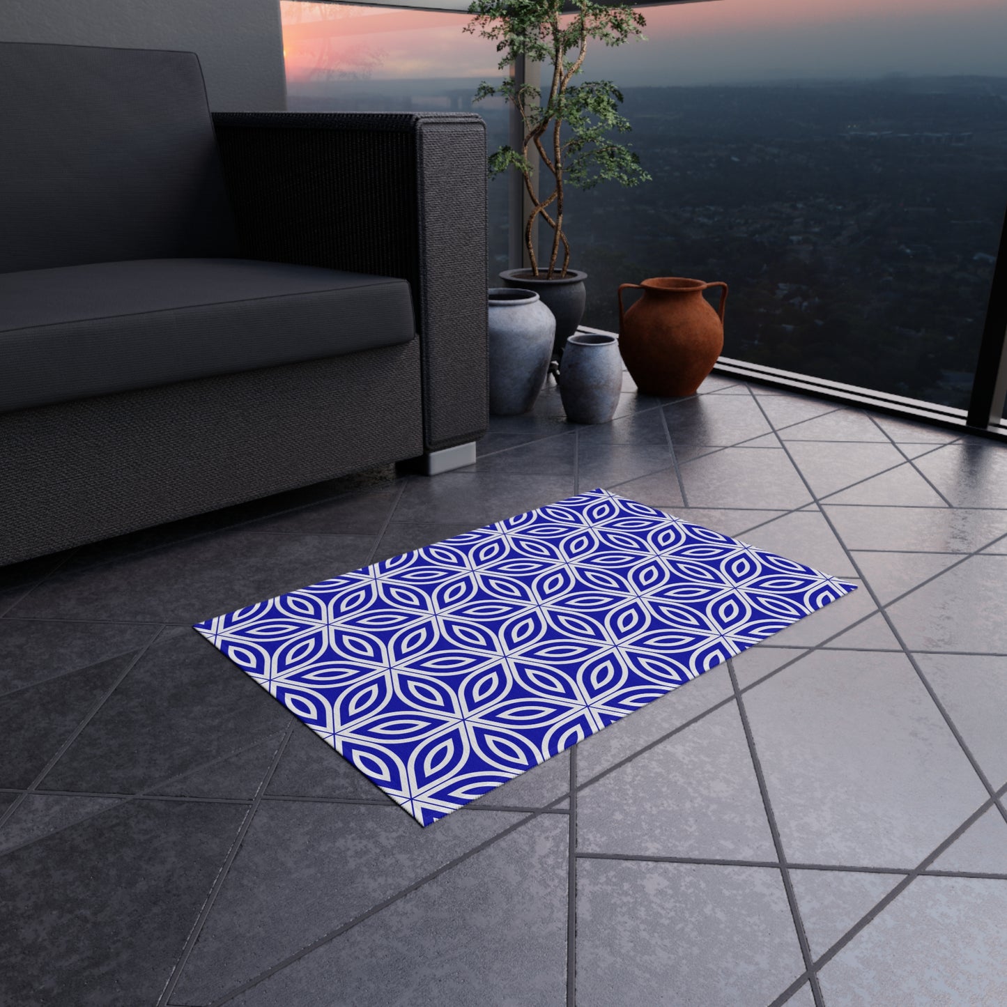Royal Blue Geometric Floral Pattern Outdoor/Indoor Rug | Blue Petal Tile Design