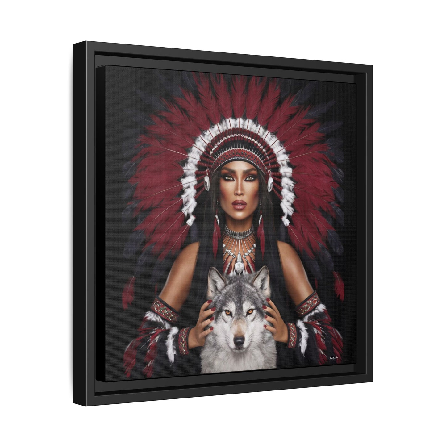 Canvas Wall Art, Native American Woman with White Wolf, Southwestern Home Decor, Square Framed Print, Multi-color, Burgundy Black Feather