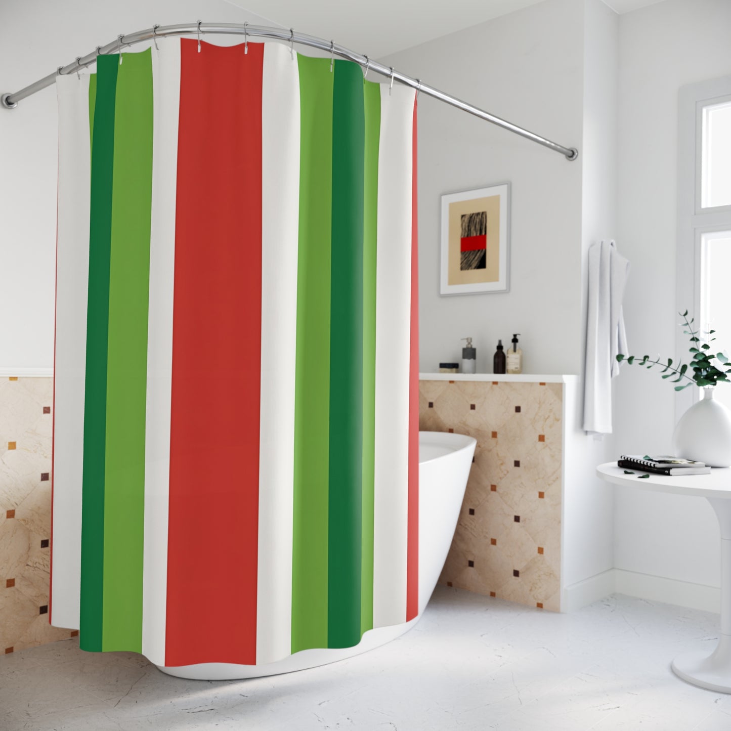 Red and Green Vertical Stripe Shower Curtain | Holiday Color Stripe Bathroom