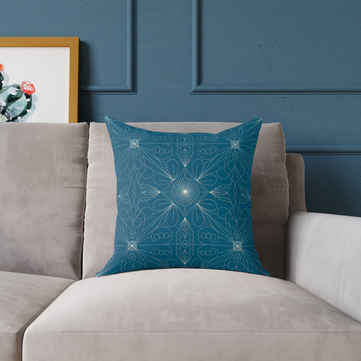 Teal Geometric Mandala Square Poly Canvas Pillow | Floral Star Pattern