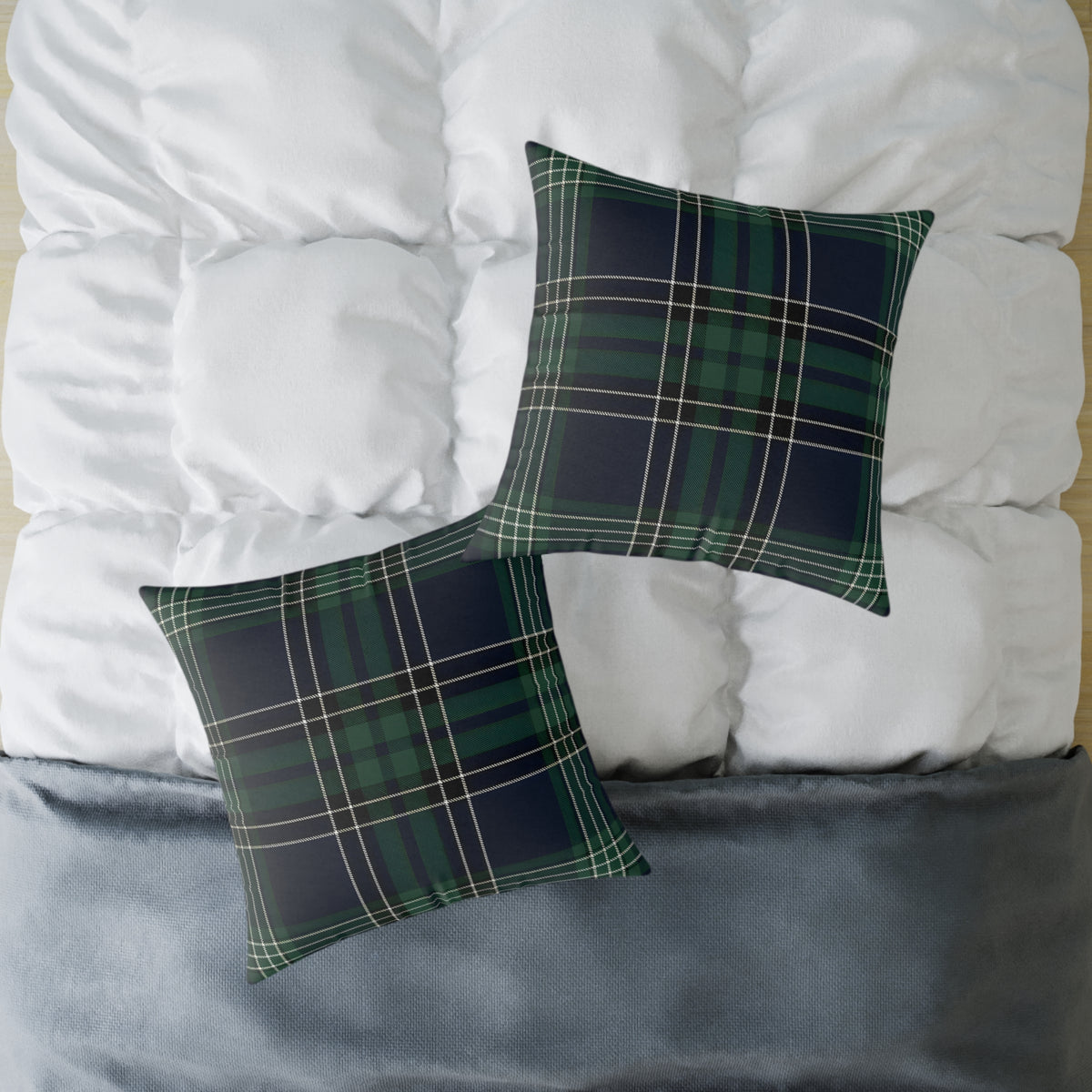 Green Navy White Tartan Plaid Square Poly Canvas Pillow | Woodland Plaid Throw Pillow