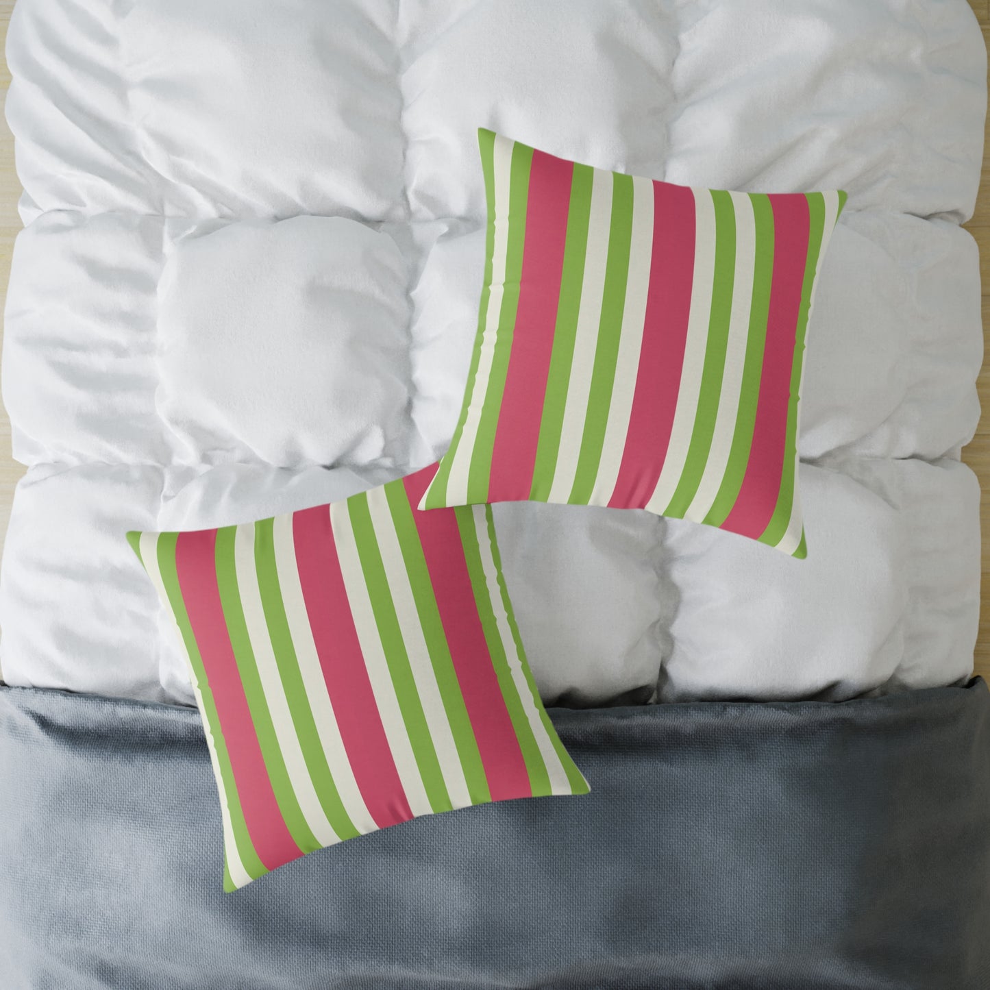 Watermelon Pink Green Vertical Stripe Pillow | Square Poly Canvas Pillow