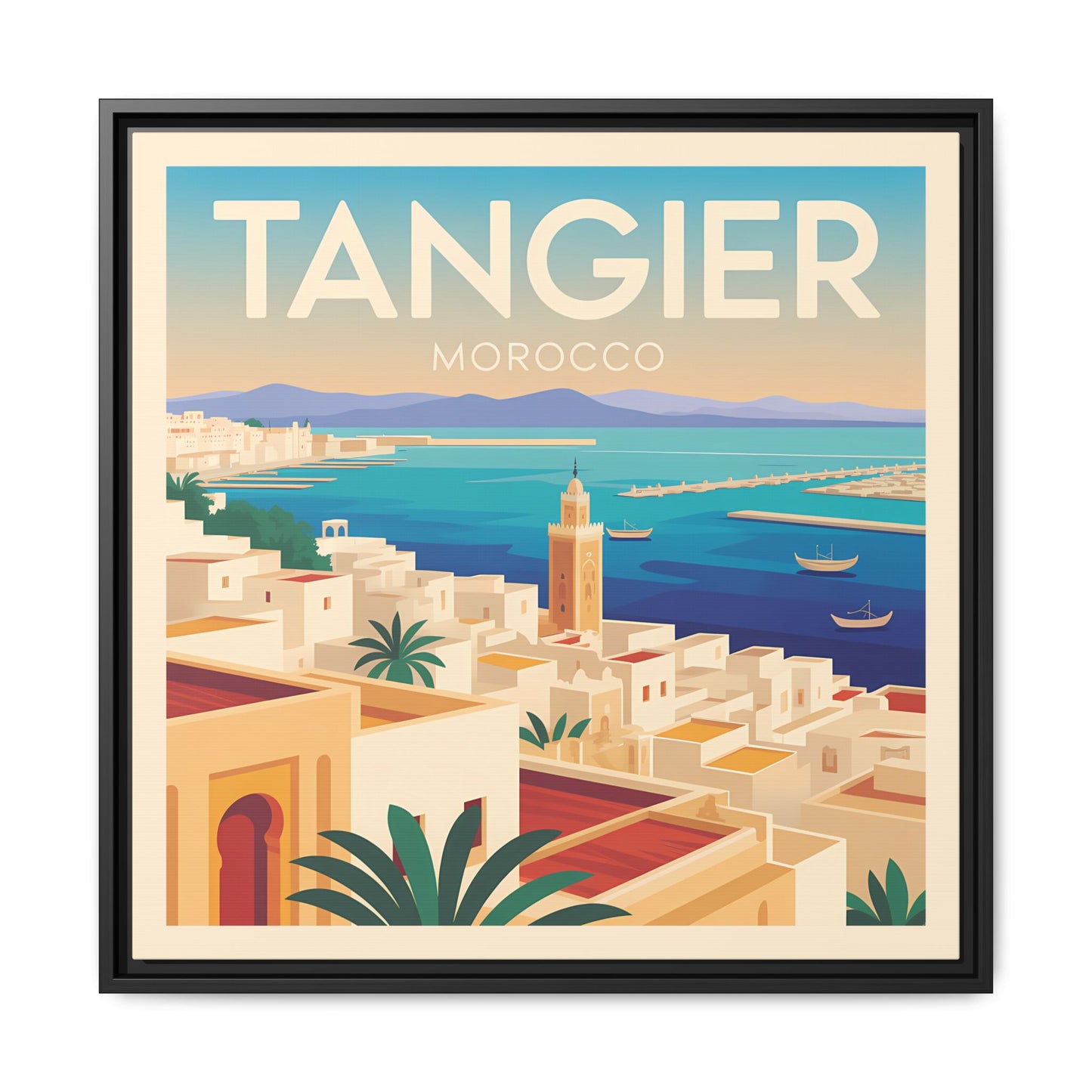 Tangier Morocco Travel Framed Wall Art Matte Canvas | Vintage Style Coastal Wall Art