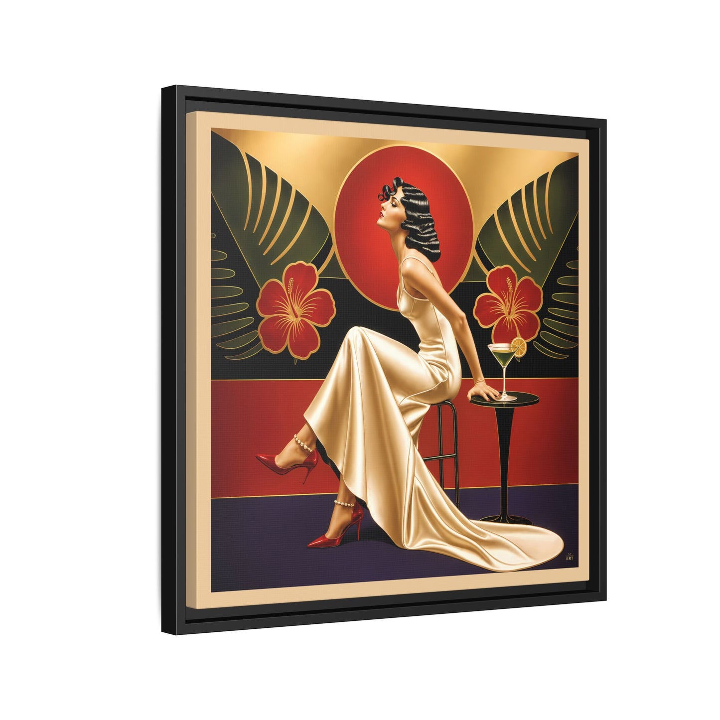 Art Deco Lady Red Green Beige Tropical Canvas Framed Wall Art | Matte Print