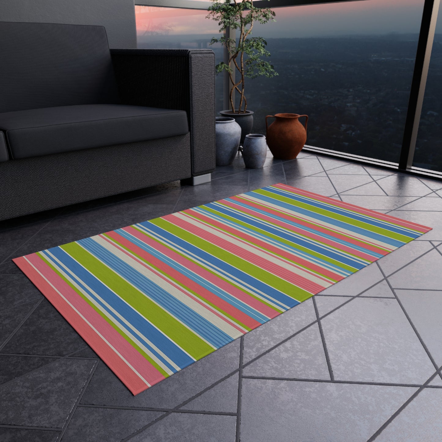 Colorful Striped Outdoor/Indoor Rug | Patio Mat, Weather-Resistant Stripe Design