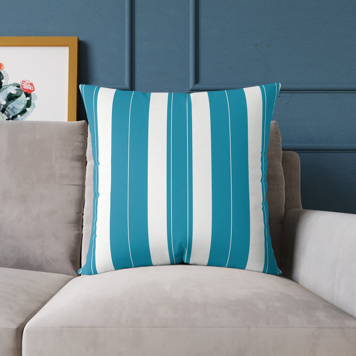 Teal and White Vertical Stripe Square Pillow | Poly Canvas Throw Pillow