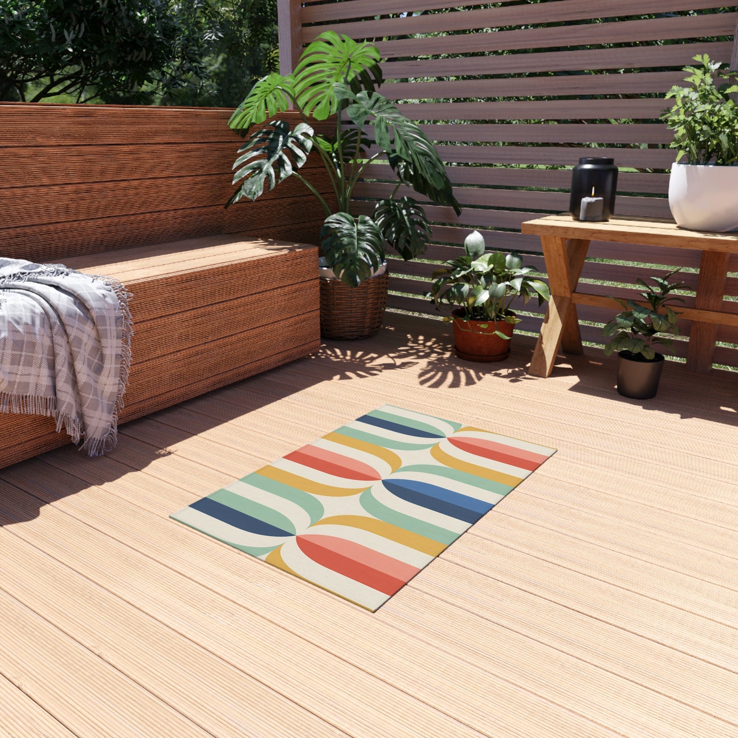Mid Century Rainbow Arch Outdoor/Indoor Rug | Retro Geometric Patio Mat