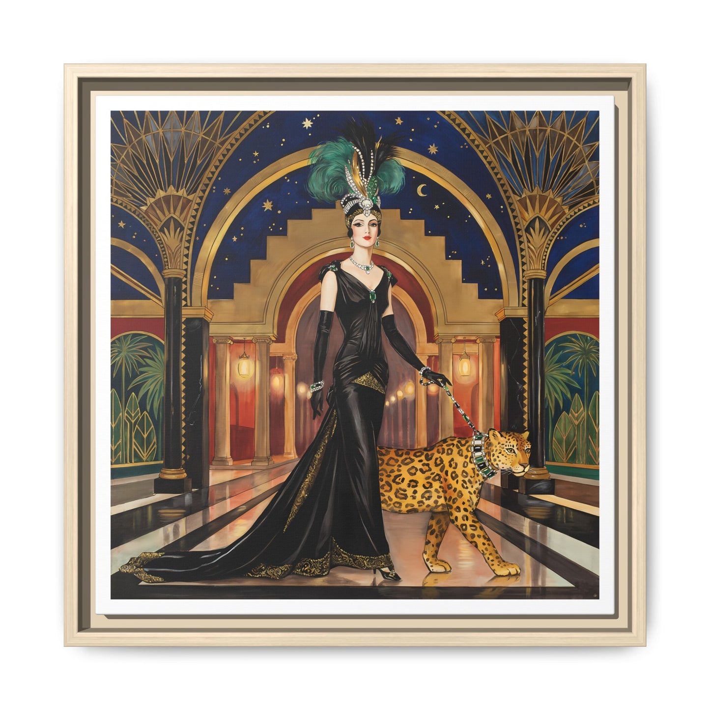 Art Deco Flapper with Leopard Canvas Framed Wall Art | Matte Print