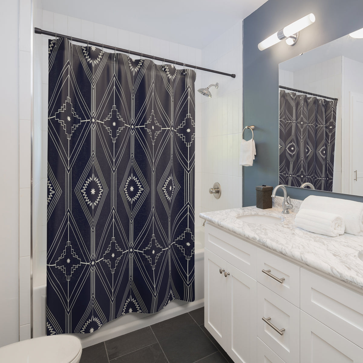 Navy Geometric Diamond Pattern Shower Curtain | Art Deco Inspired
