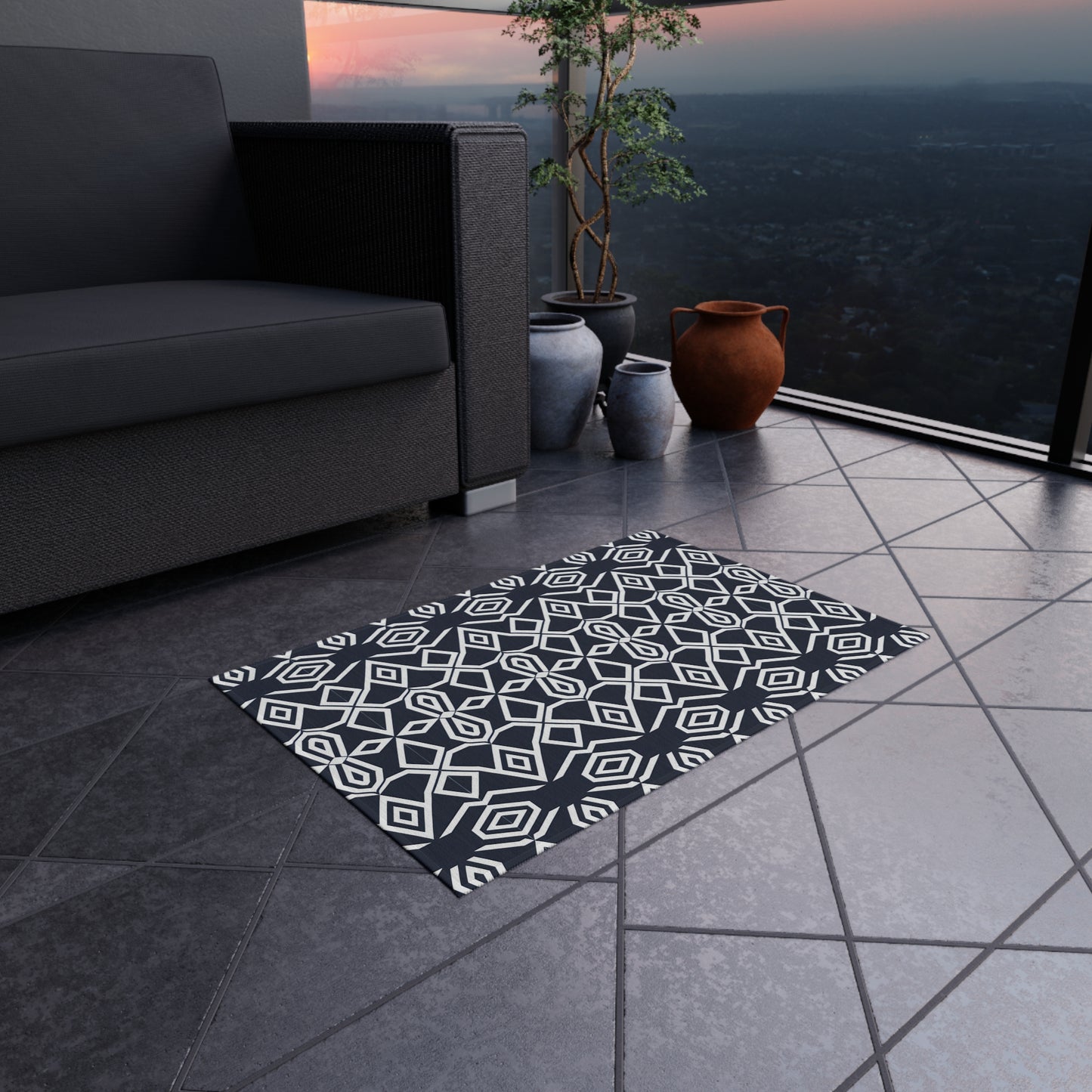Geometric Diamond Pattern Outdoor/Indoor Rug | Navy White Tribal Design