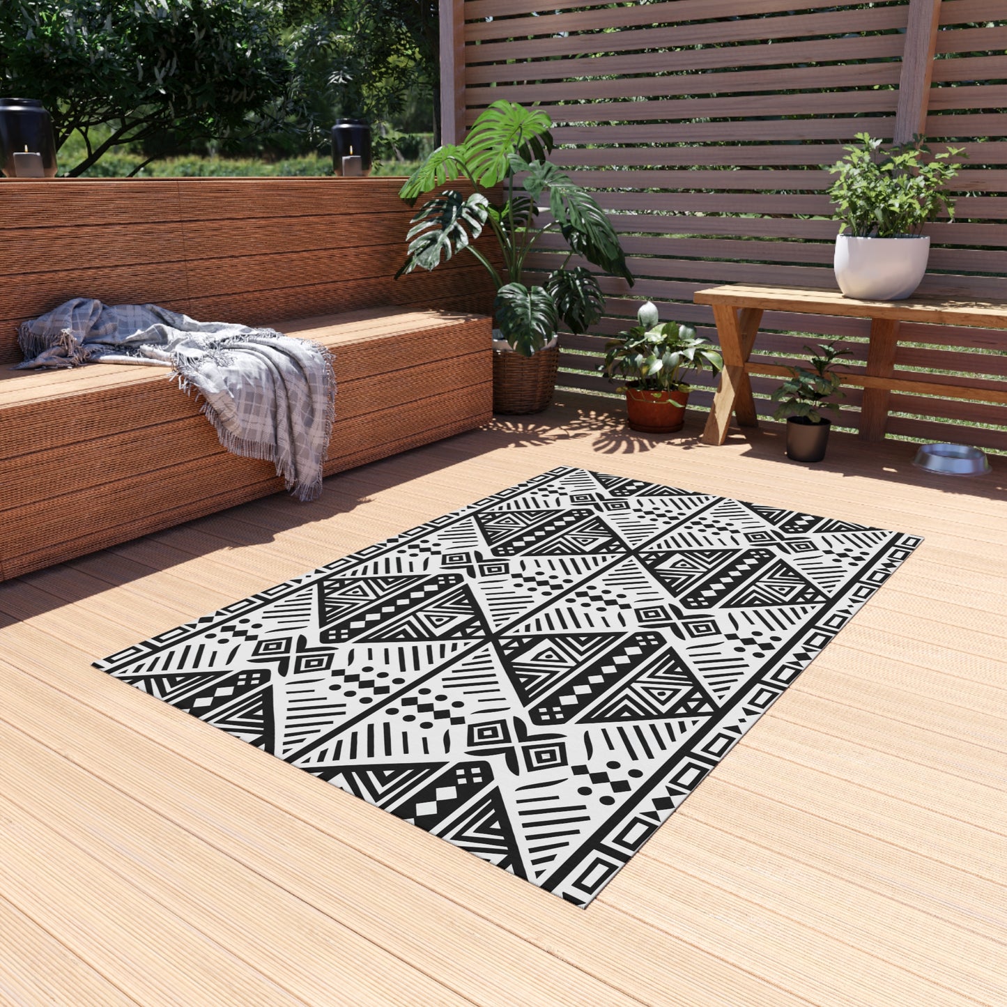 Black and White Tribal Stylish Outdoor Rug, Chic Patio Mat, Boho Floor Decor, Modern Entryway Carpet, Weather-Resistant Area Rug