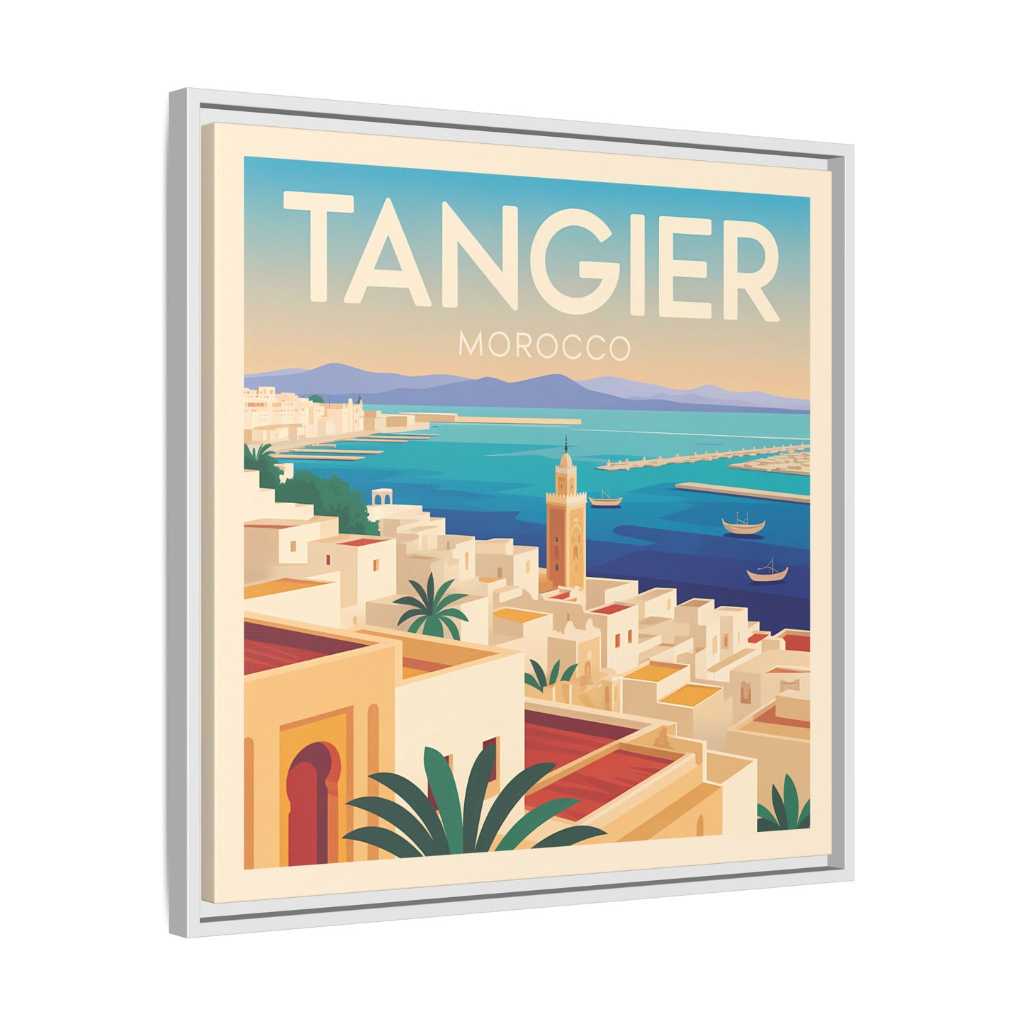 Tangier Morocco Travel Framed Wall Art Matte Canvas | Vintage Style Coastal Wall Art
