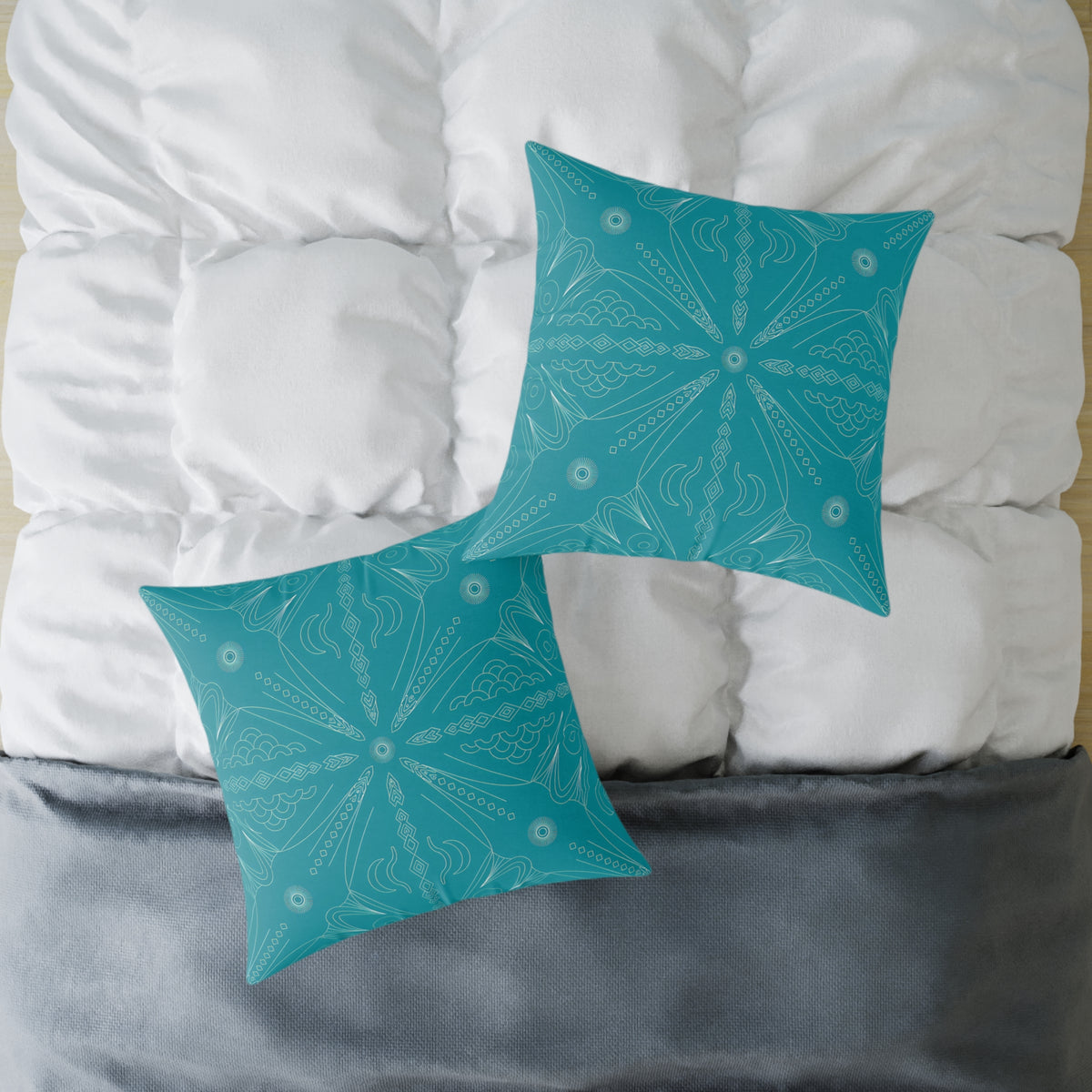 Teal Mandala Pattern Square Poly Canvas Pillow | Boho Decorative Throw Pillow