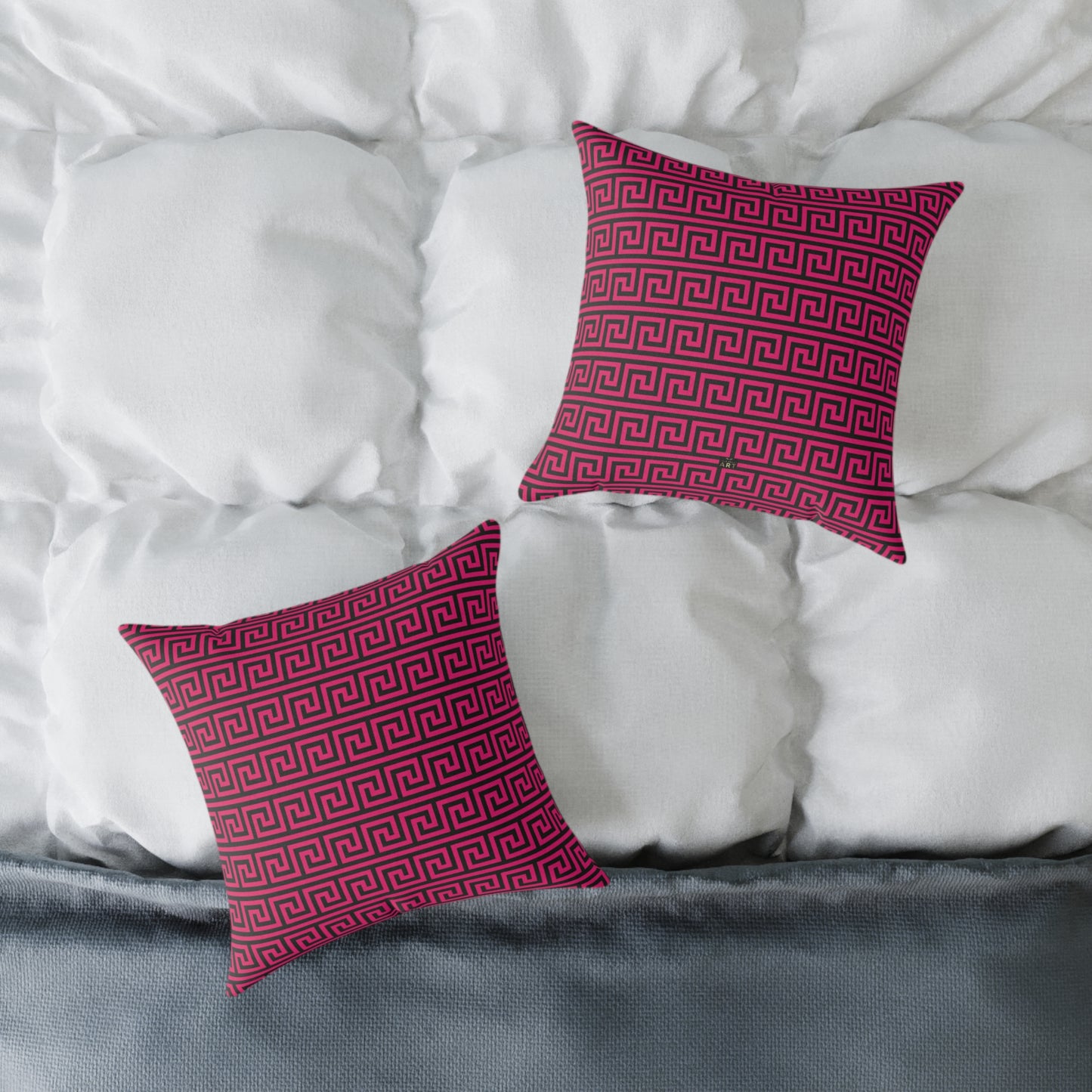 Greek Key Pattern Square Poly Canvas Pillow | Pink and Black Geometric Throw Pillow
