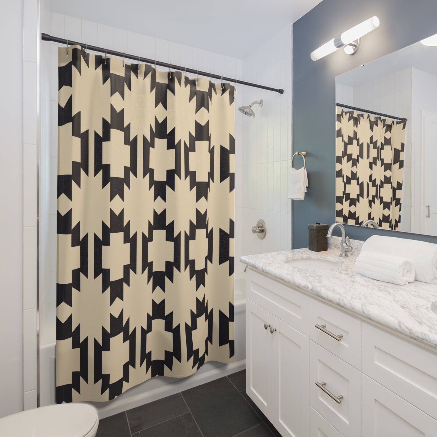 Southwestern Cross Geometric Shower Curtain | Aztec Pattern Beige Black