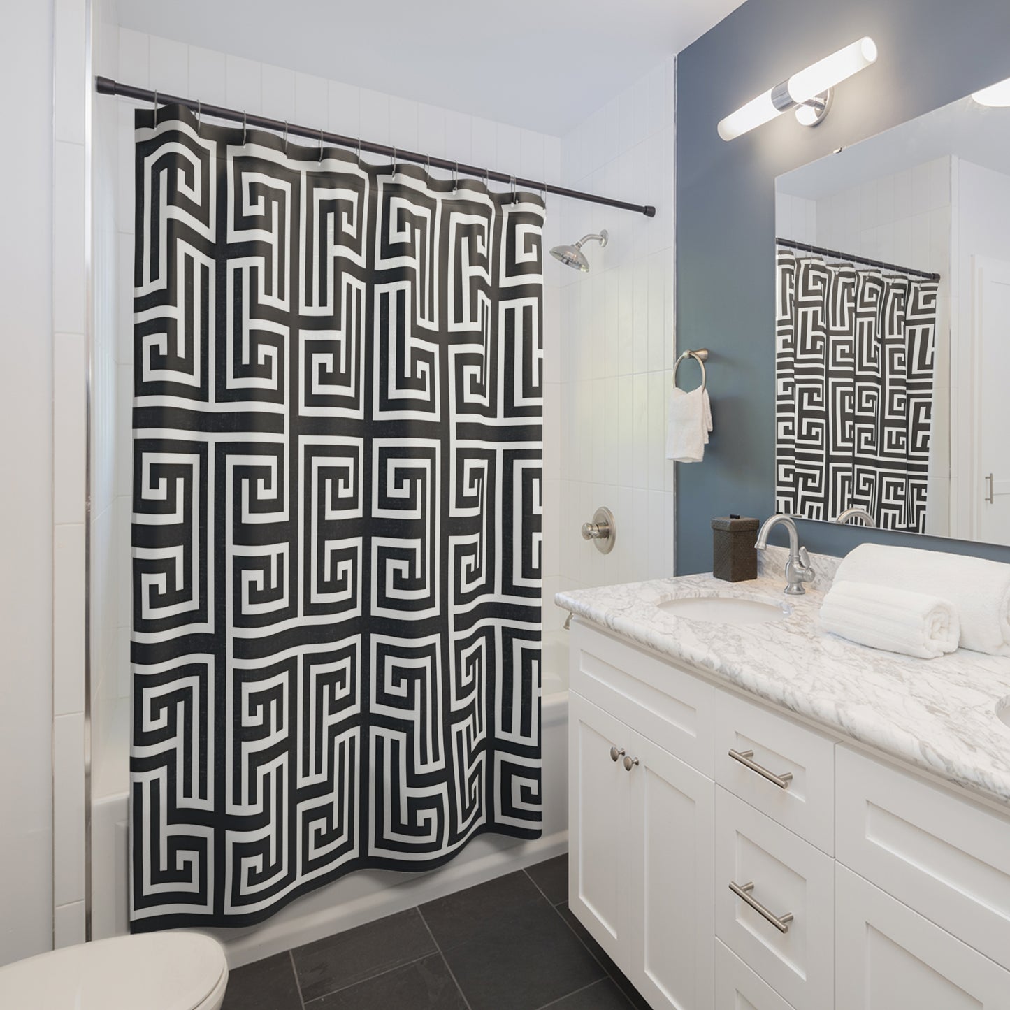 Greek Key Geometric Shower Curtain | Black White Maze Pattern