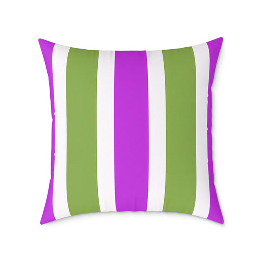 Magenta White and Green Vertical Stripe Pillow | Square Poly Canvas Pillow