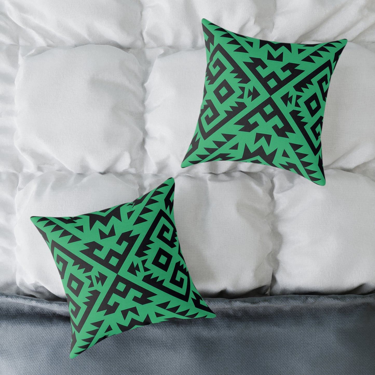 Green Boho Aztec Geometric Pattern Pillow | Square Poly Canvas Pillow