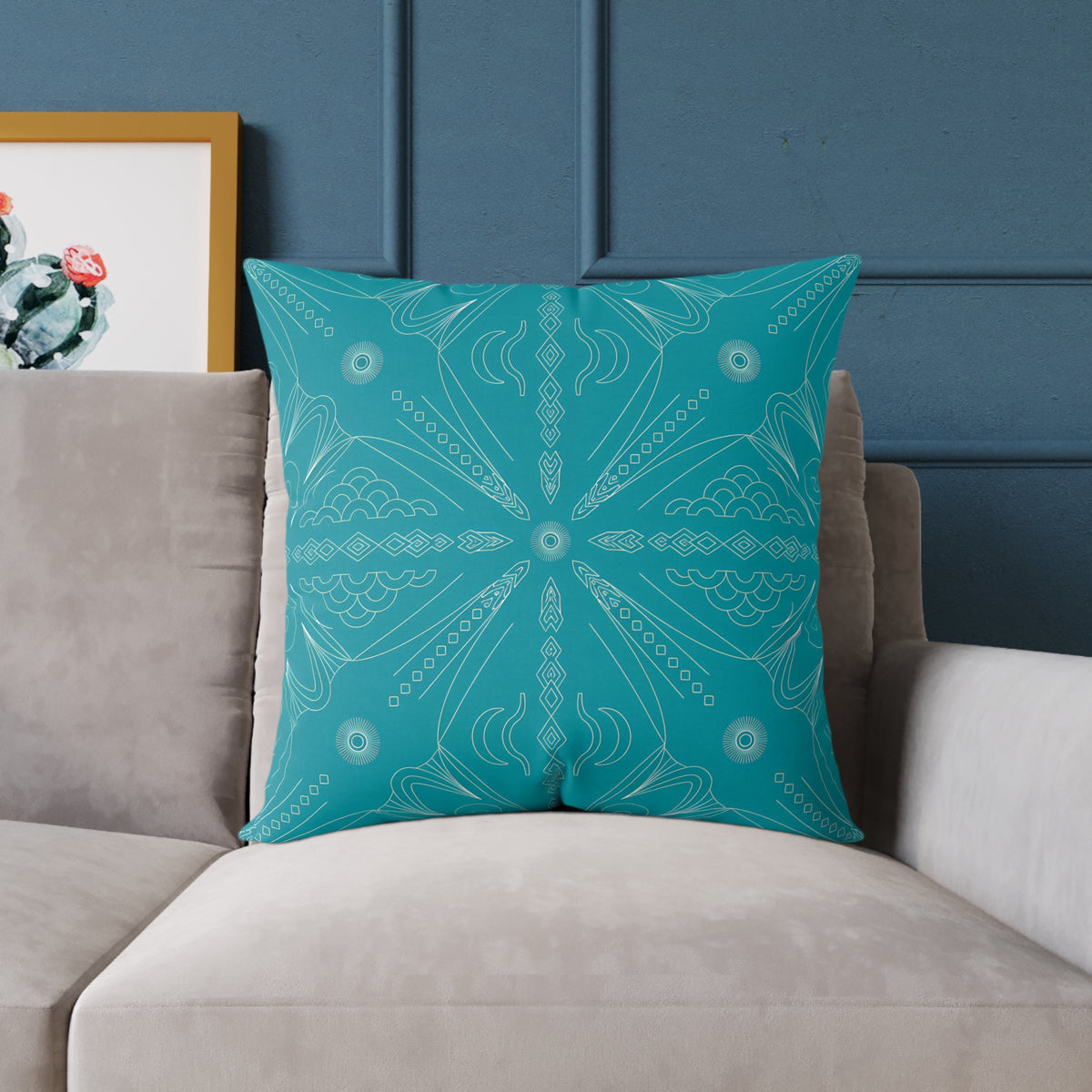 Teal Mandala Pattern Square Poly Canvas Pillow | Boho Decorative Throw Pillow