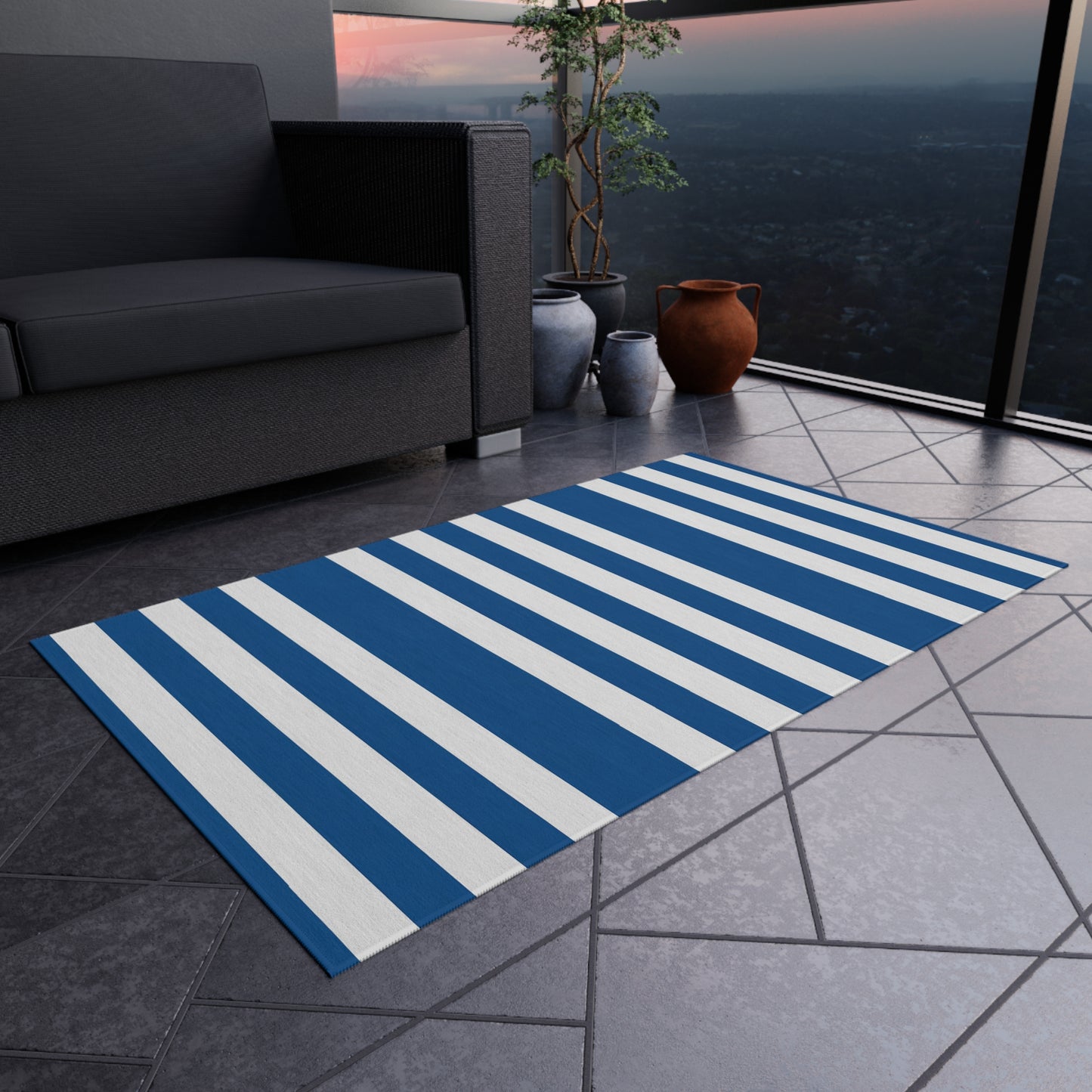 Nautical Blue Stripe Outdoor/Indoor Rug | Reversible Patio Mat