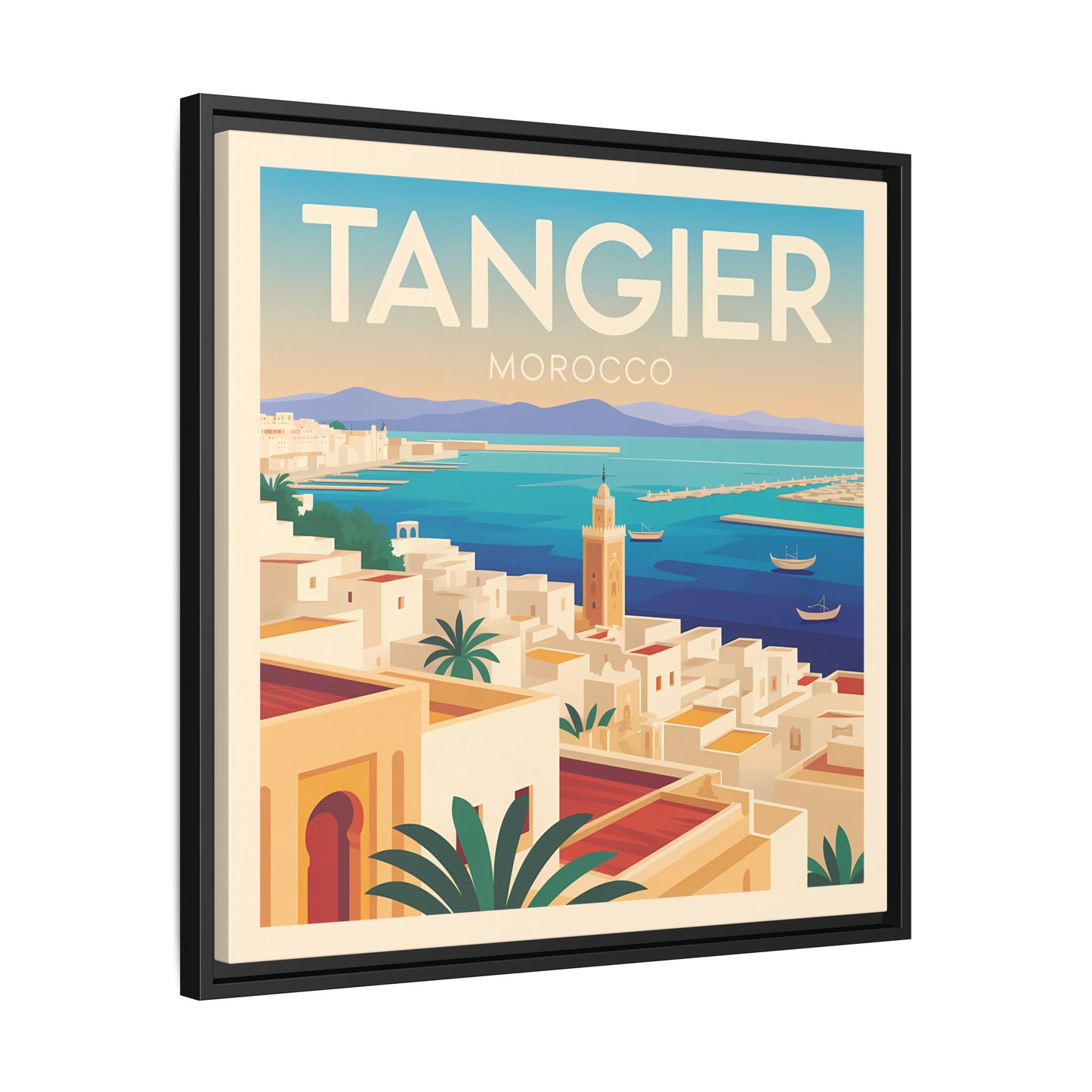 Tangier Morocco Travel Framed Wall Art Matte Canvas | Vintage Style Coastal Wall Art