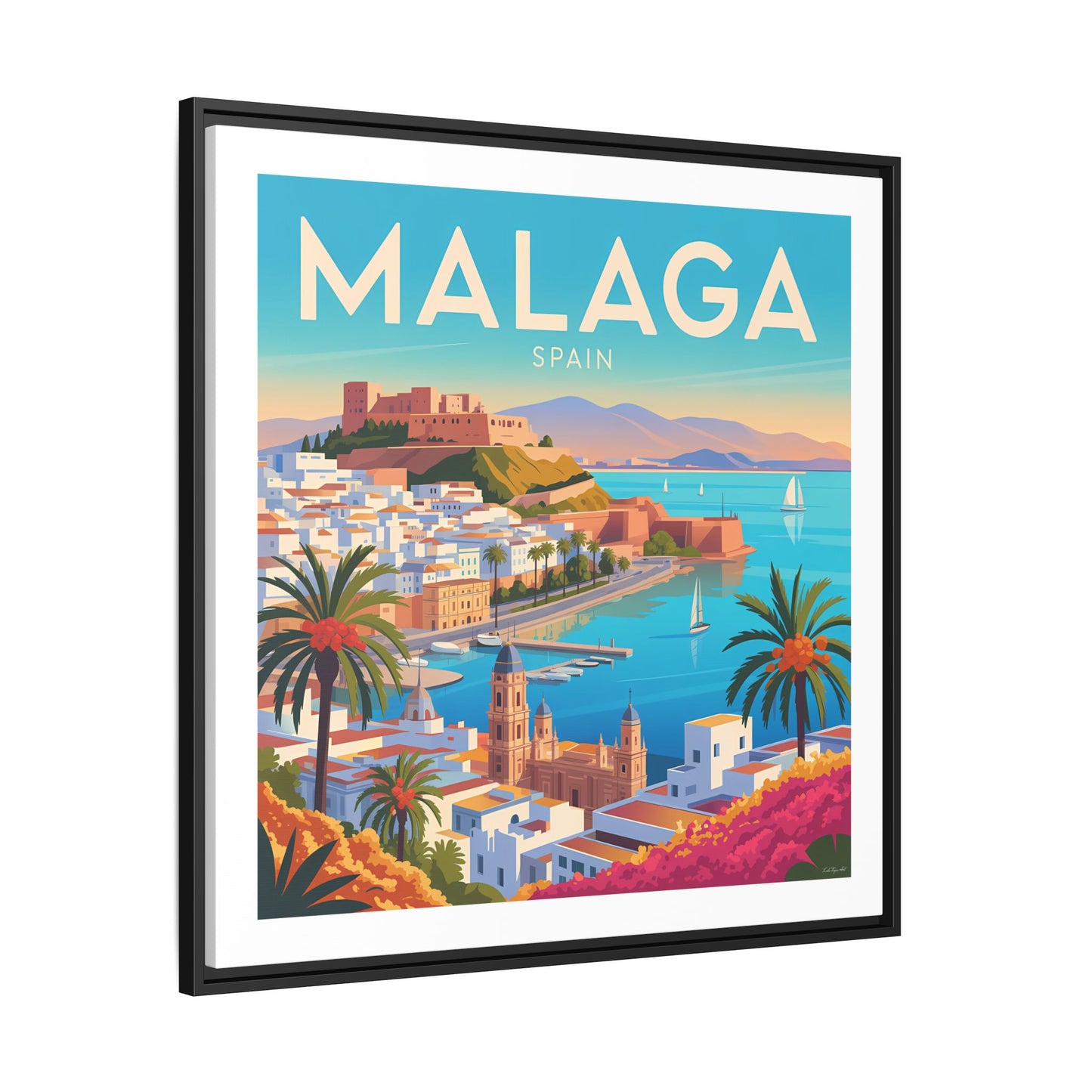 Malaga Spain Coastal  Matte Canvas Framed Wall Art| Vintage Style Travel Art