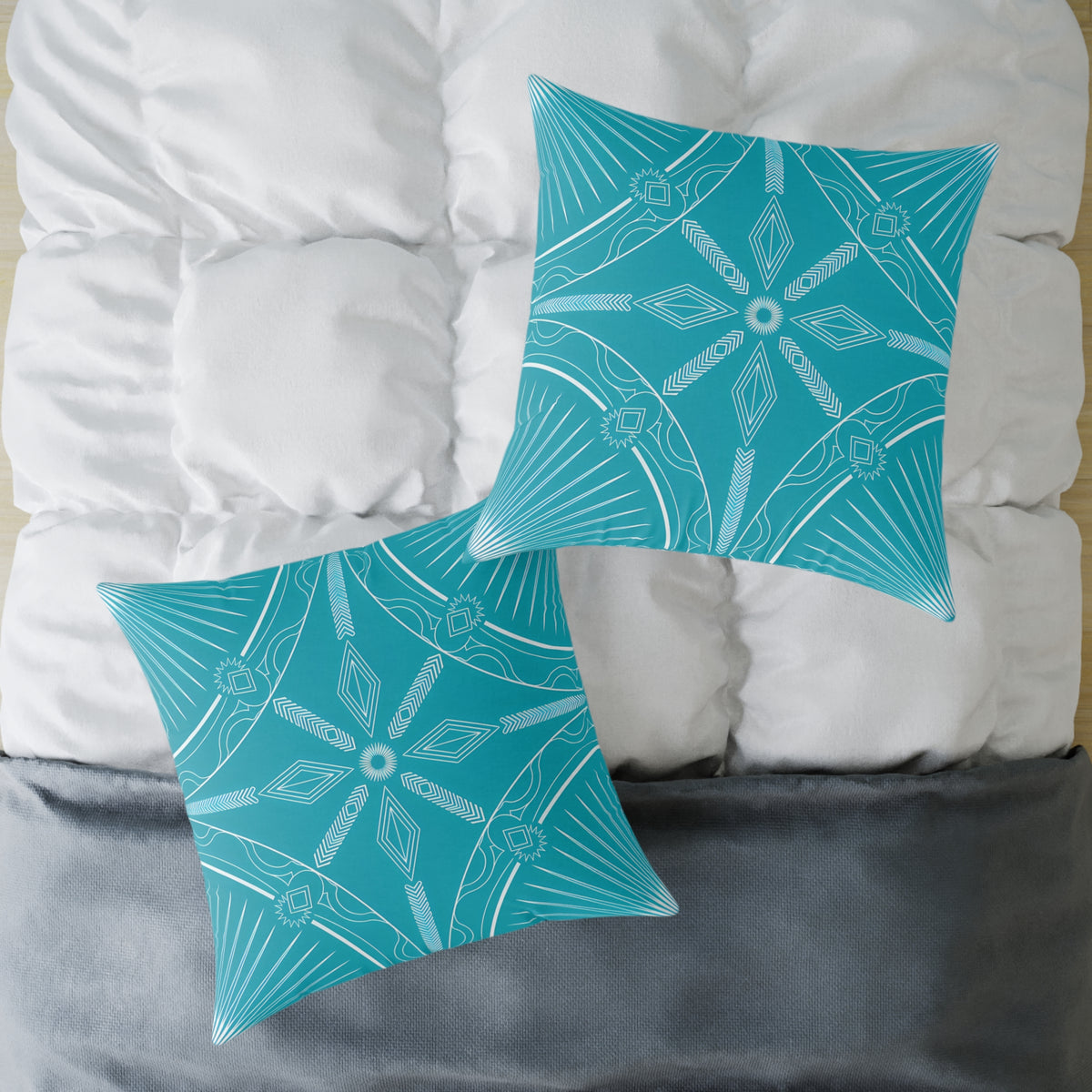 Turquoise White Geometric Mandala Square Pillow | Turquoise Decorative Cushion