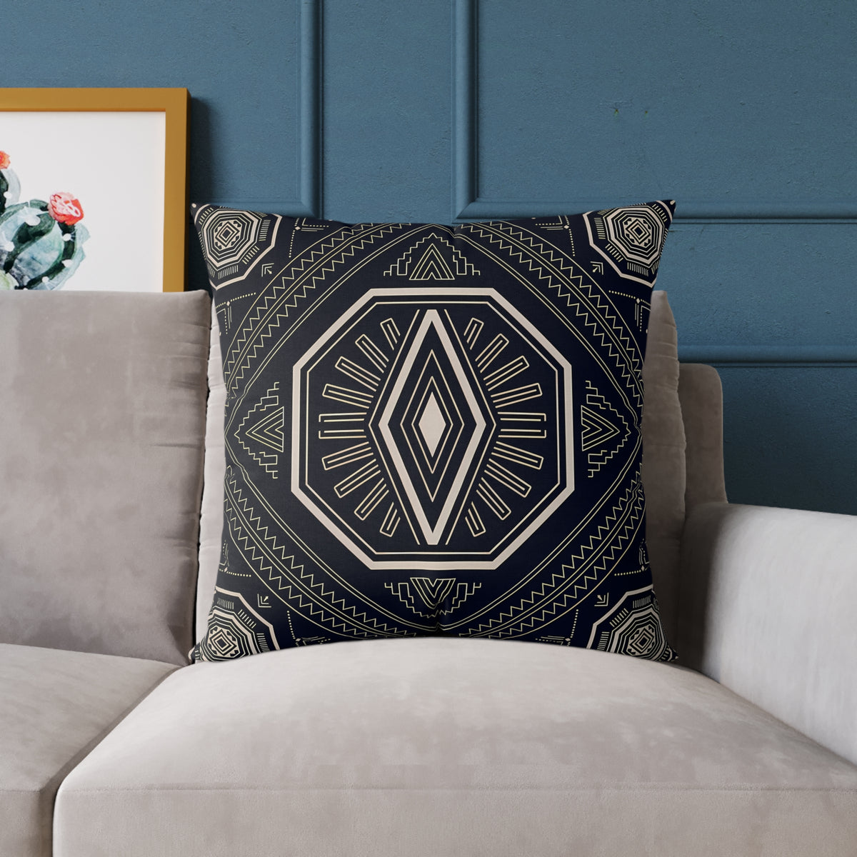 Geometric Black & Cream Tribal Medallion Square Pillow | Boho Aztec Pattern
