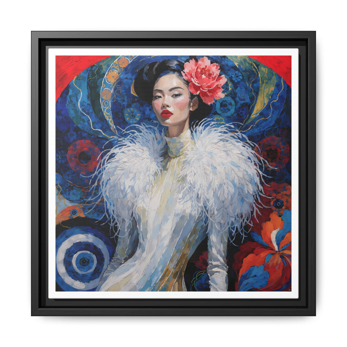 Floral Portrait  Asian Woman Matte Canvas Framed | Colorful Modern Wall Art