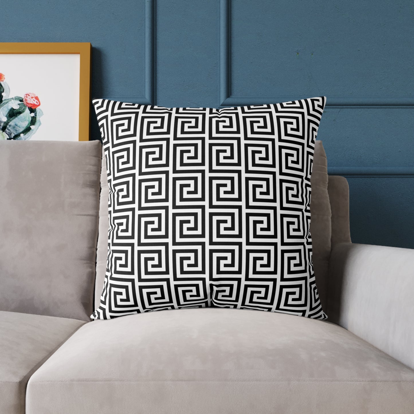 Greek Key Pattern Square Poly Canvas Pillow | Black White Geometric Throw Pillow