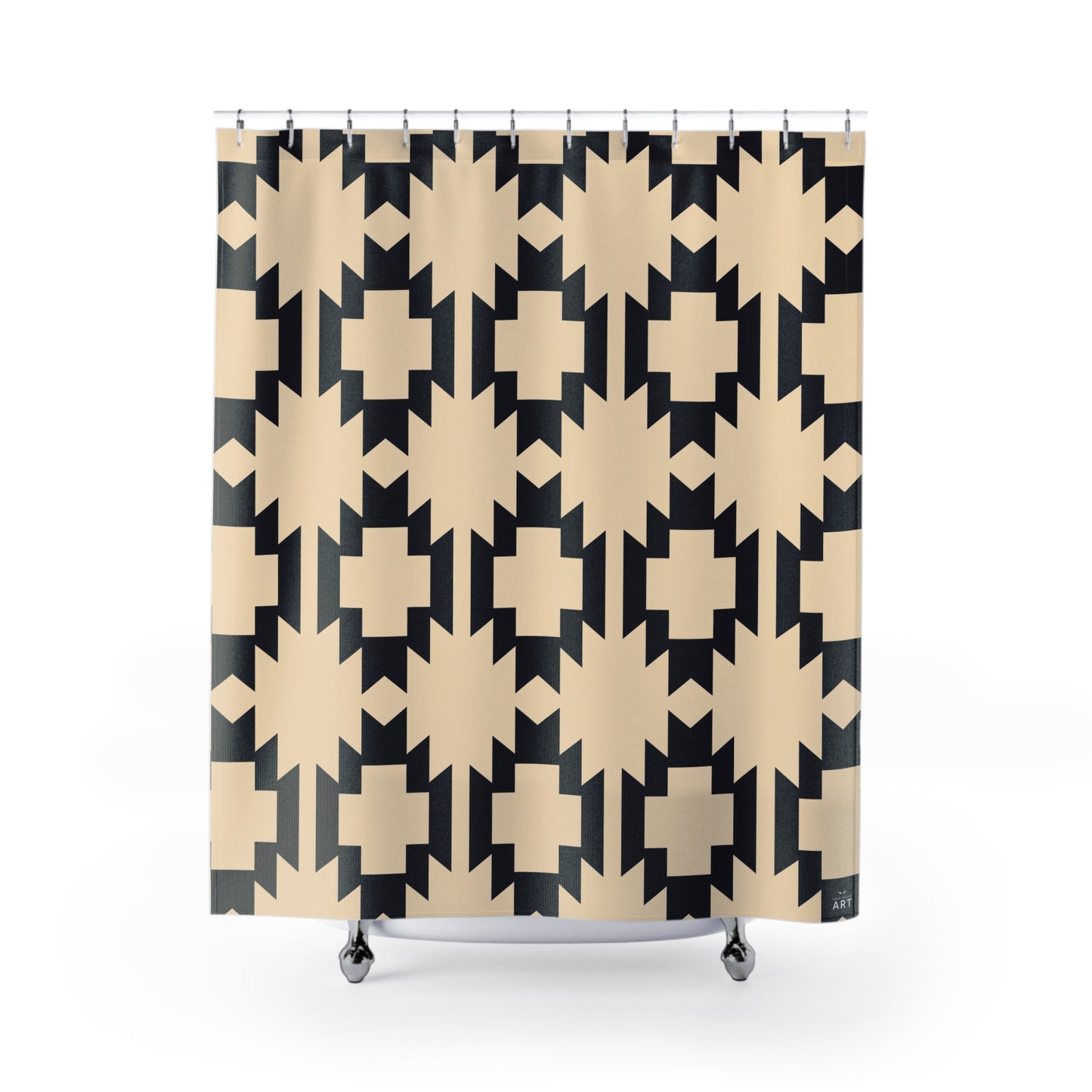 Southwestern Cross Geometric Shower Curtain | Aztec Pattern Beige Black