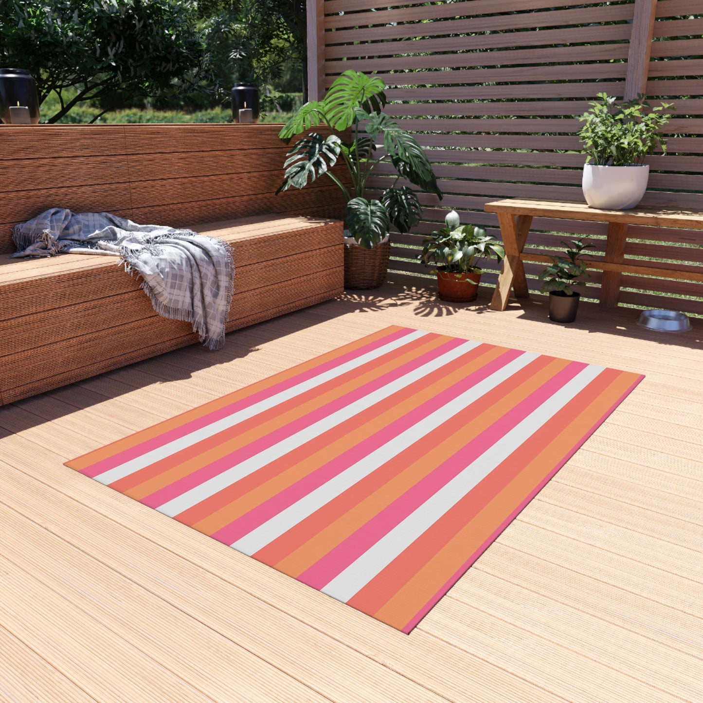 Coral Pink Striped Outdoor Rug | Patio Mat, Water-Resistant