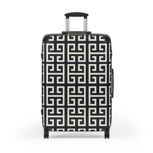 Greek Key Geometric Pattern Suitcase | Black White Travel Luggage