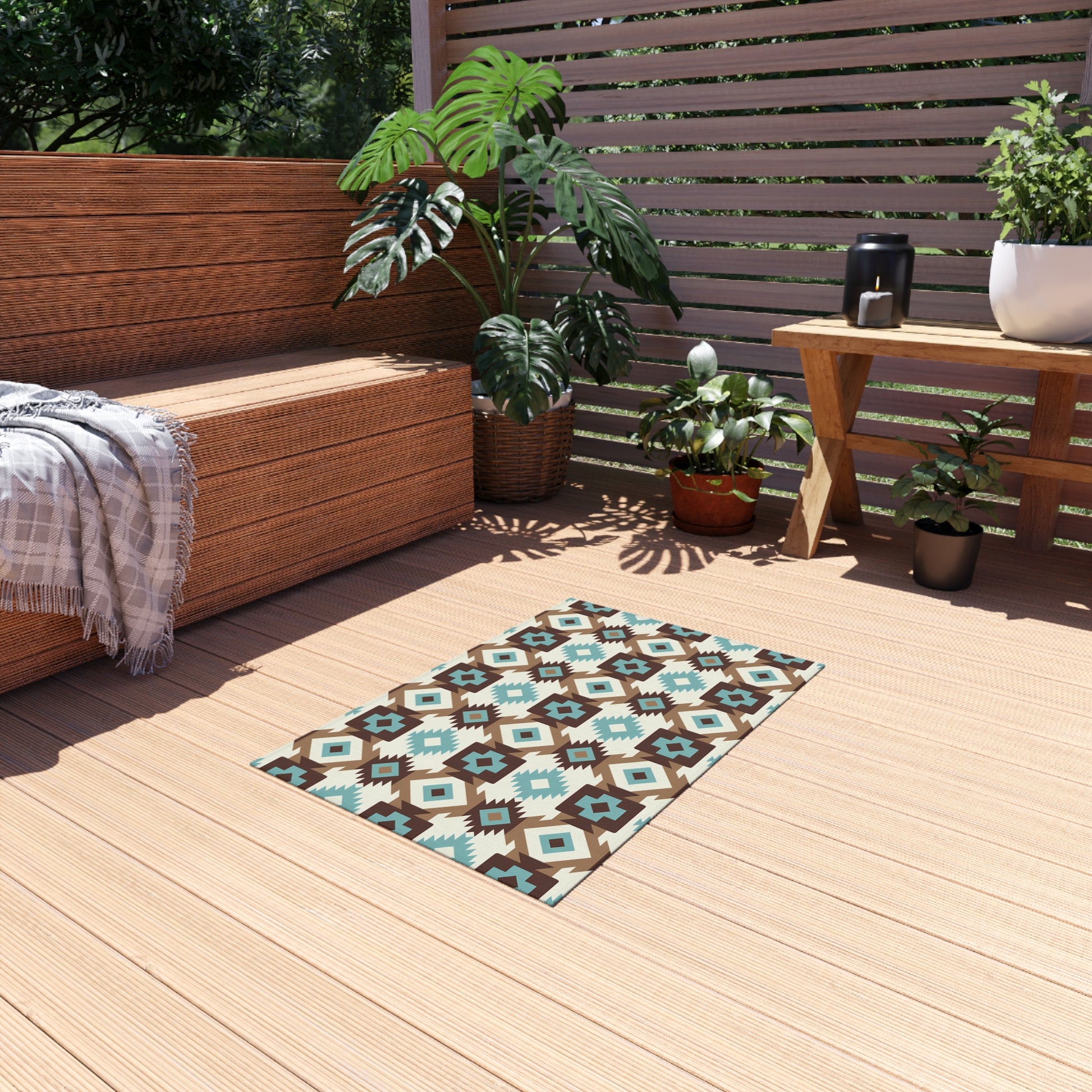 Turquoise, brown, white Stylish Outdoor/Indoor Rug for Patios, Bohemian Decor, Modern Outdoor Living, Picnic Essentials, Garden Party Decor - LOLA VEGAS ART