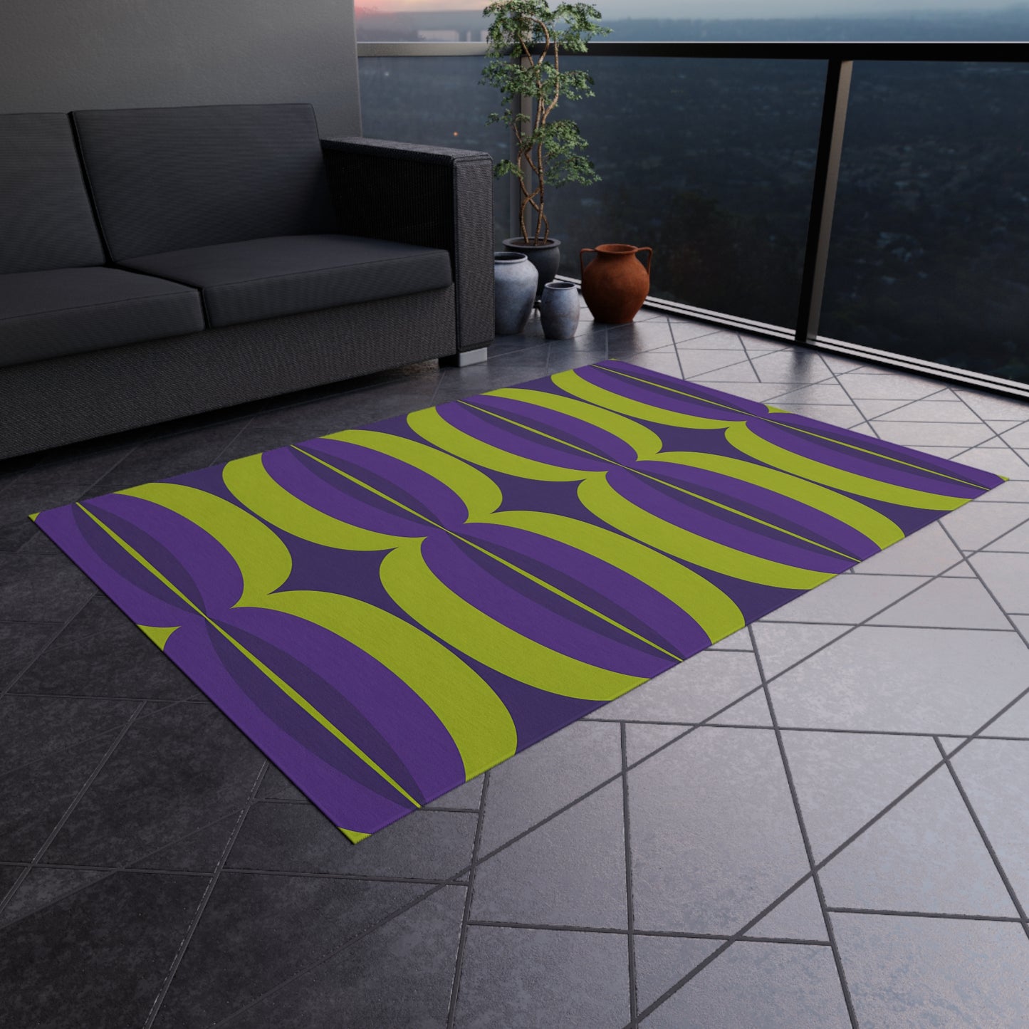 Green and Purple Mid-Century Geometric Outdoor/Indoor Rug | Retro Pattern Patio Mat