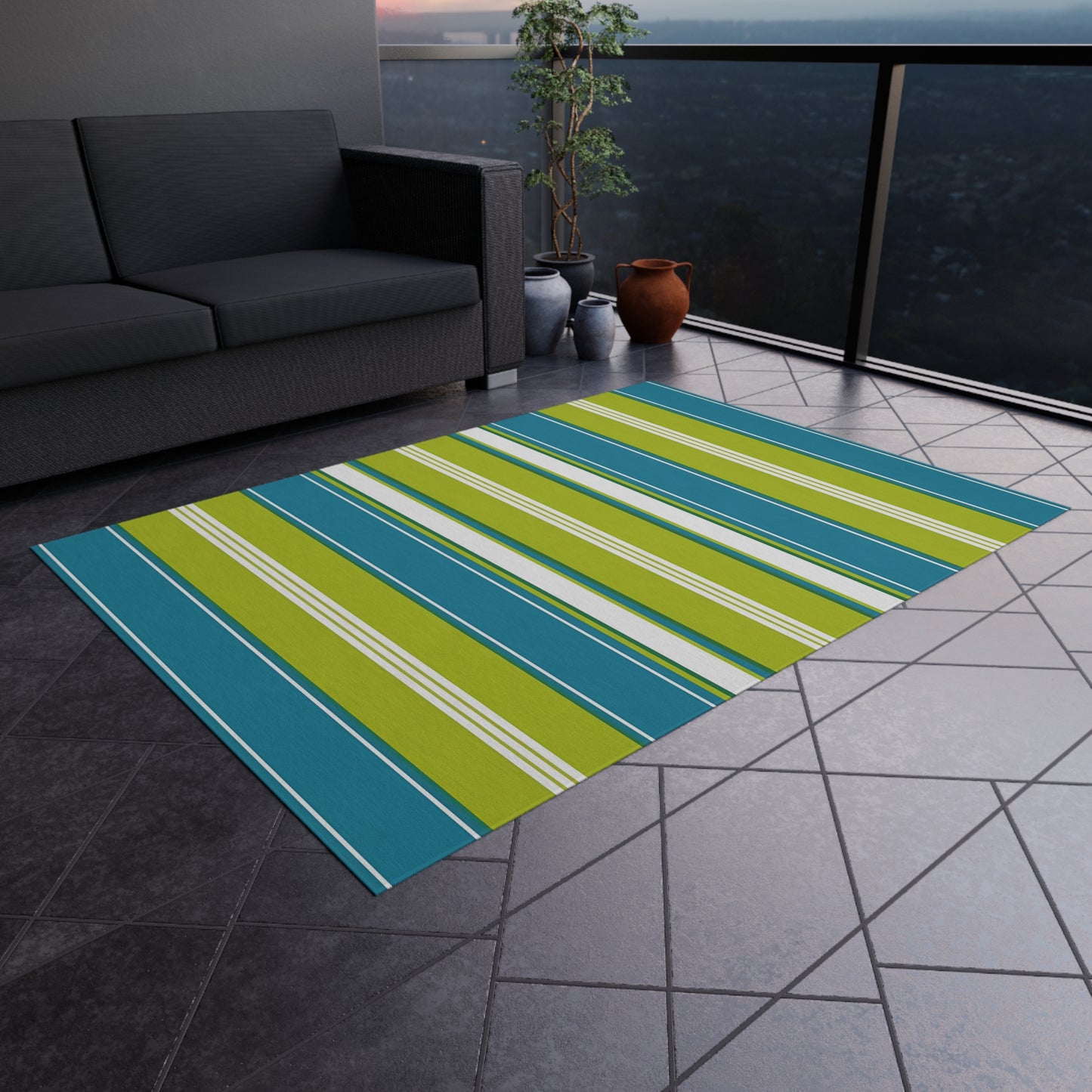 Blue Green White Stripe Outdoor/Indoor Rug | Patio Mat, Weather-Resistant