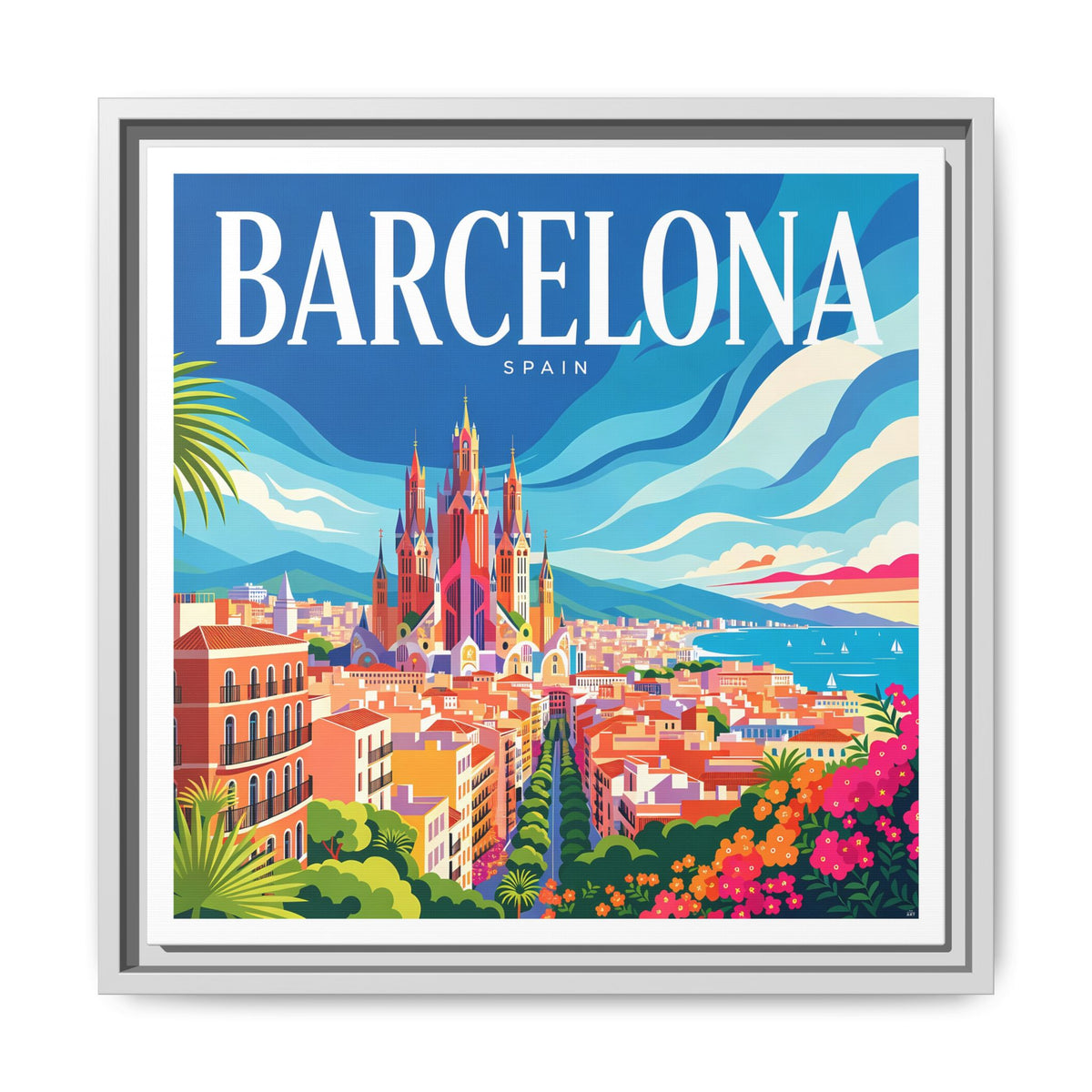Barcelona Skyline Canvas Framed | Matte Wall Art