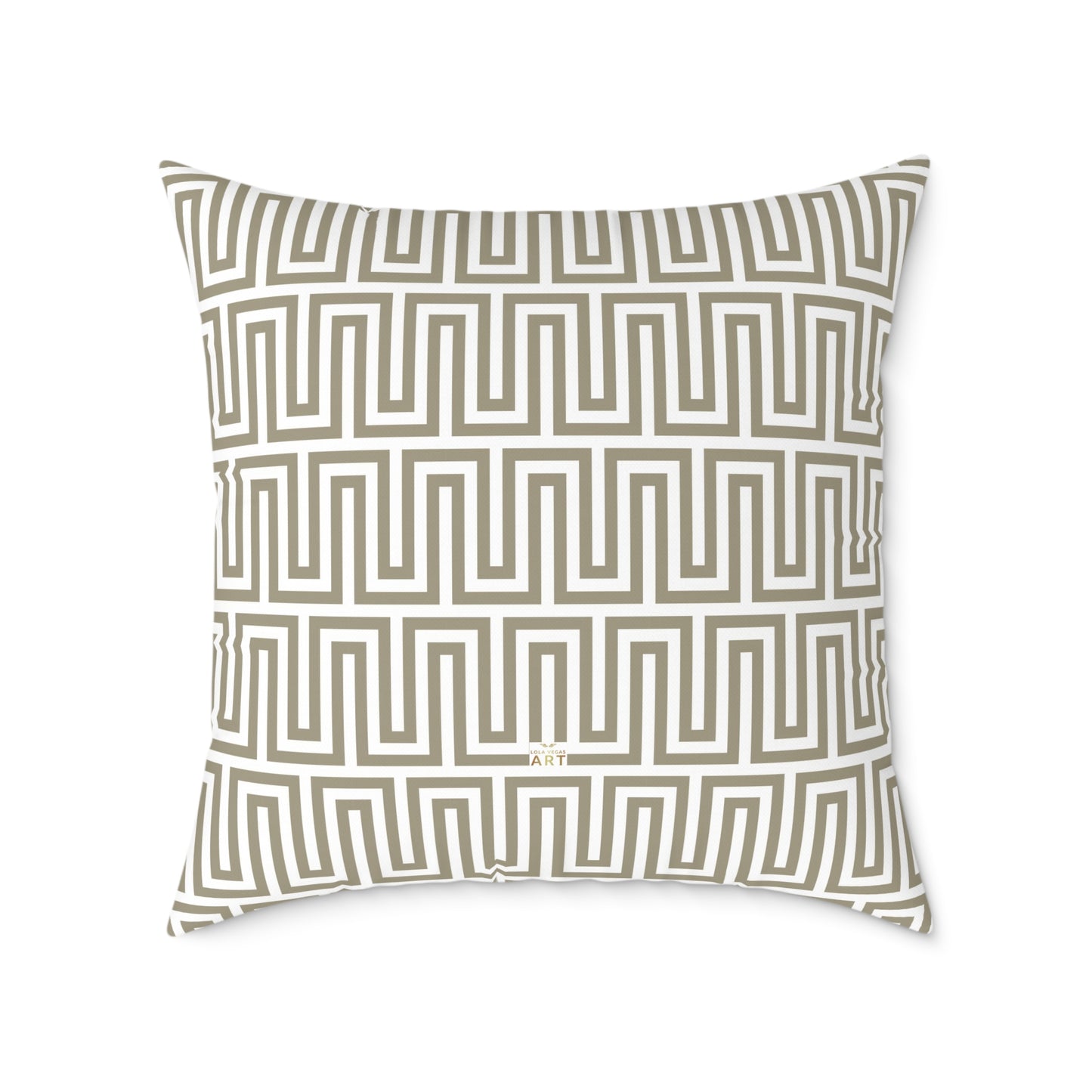 Tan White Greek Key Geometric Pattern Pillow | Square Poly Canvas Throw Pillow