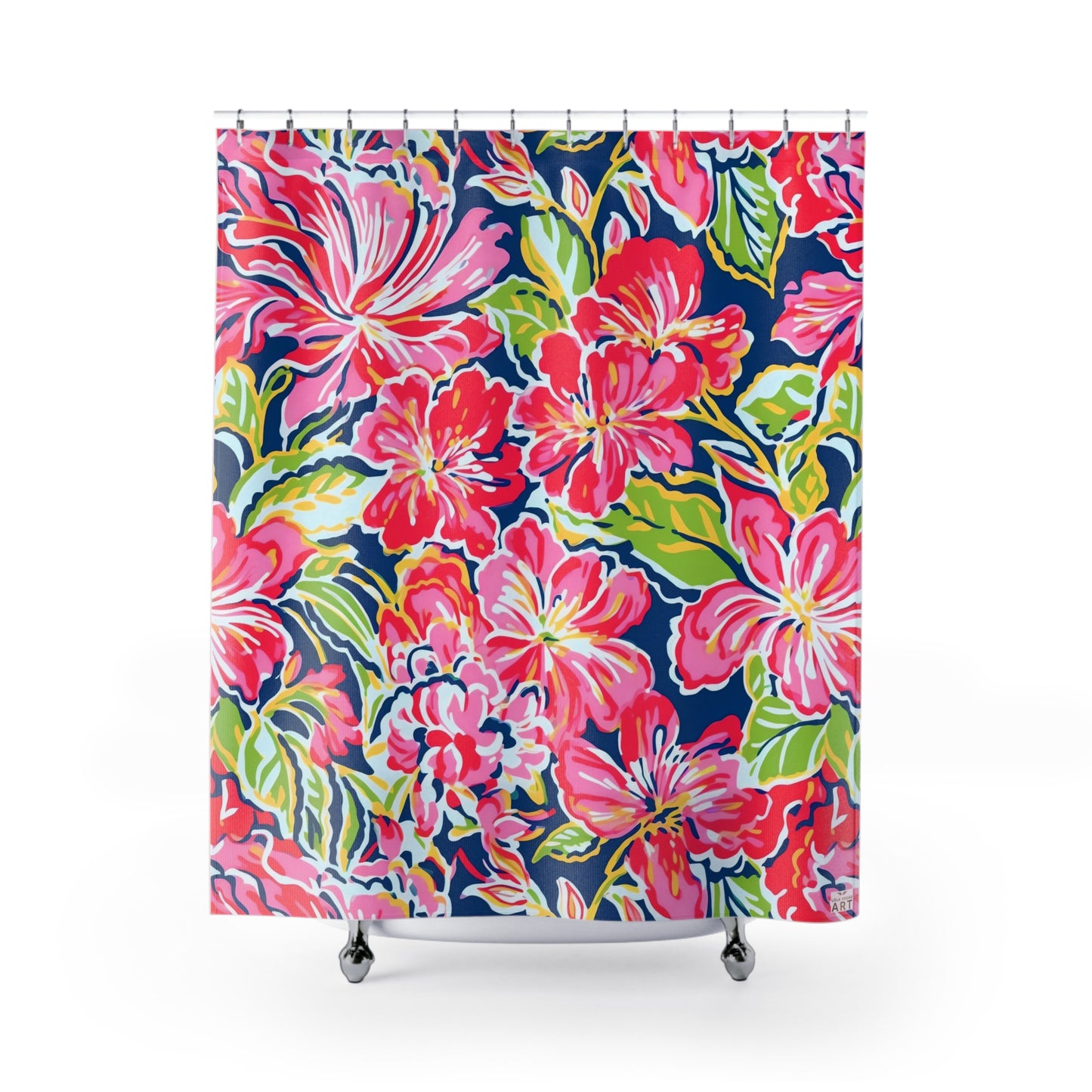 Pink Red Tropical Floral Shower Curtain | Navy Hibiscus Pattern