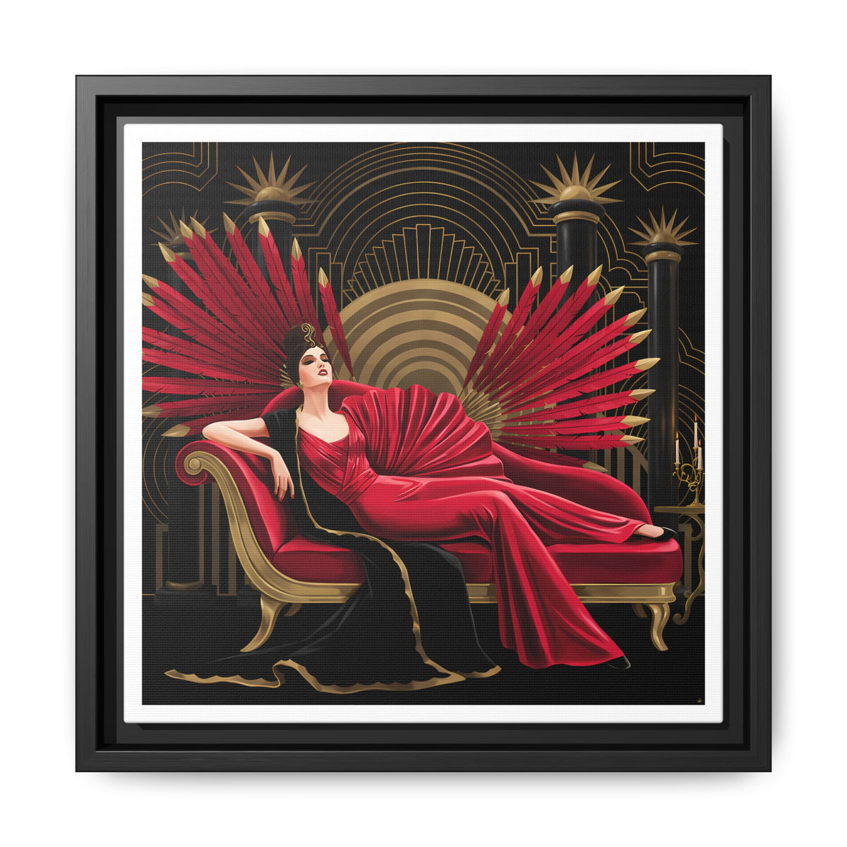 Art Deco Lady with Red Feathers Matte Canvas Framed Wall Art