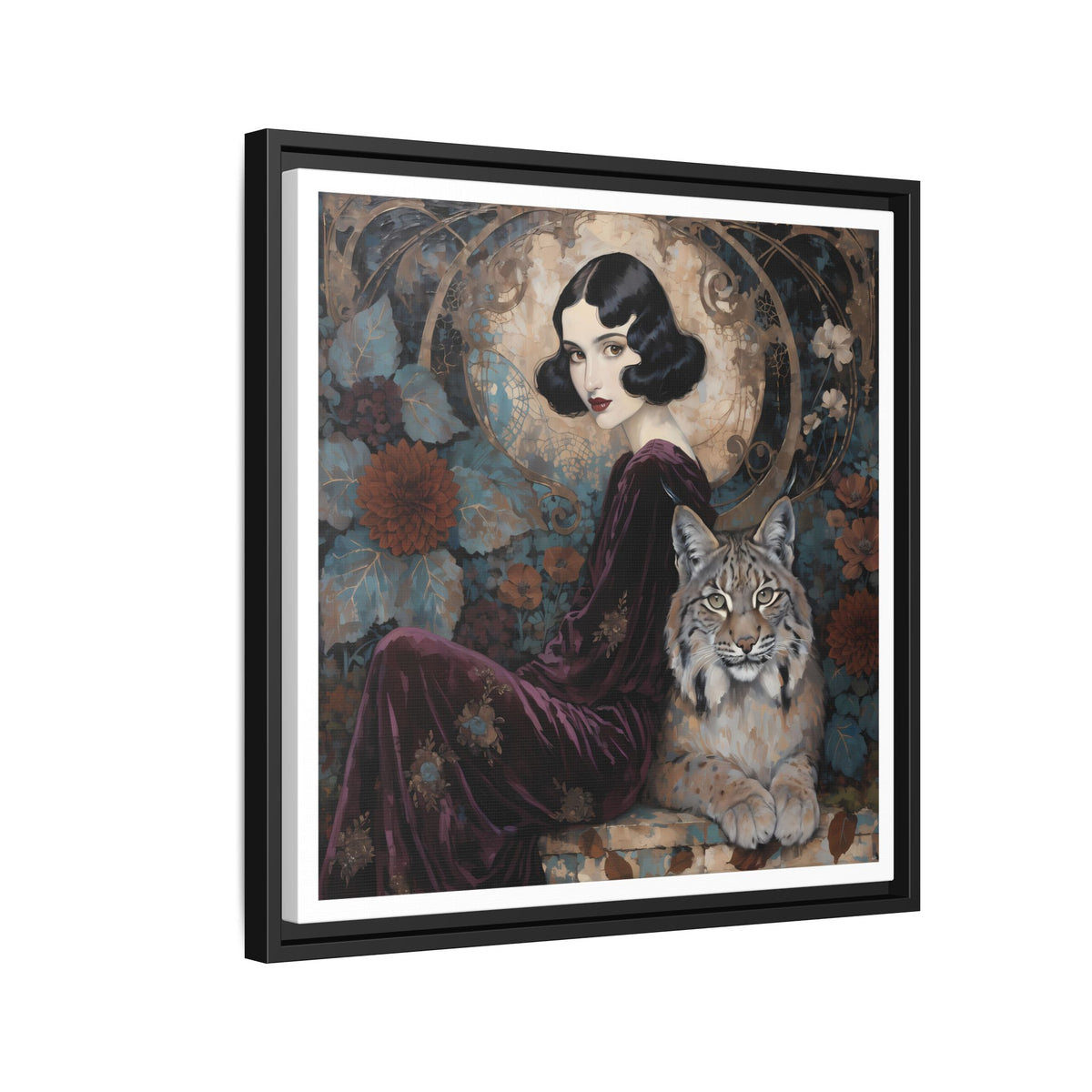 Vintage Flapper Woman with Lynx Matte Canvas Framed